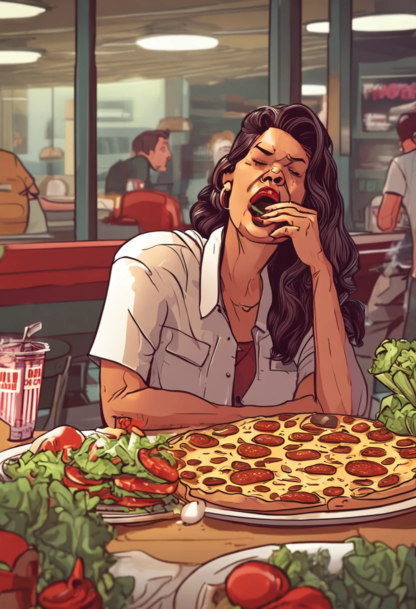 "Crie uma imagem que capture a realidade: uma mulher de 40 anos, com sobrepeso, sad expression, while trying to pick a salad amid a tempting selection of burgers, sorvete e pizza.""