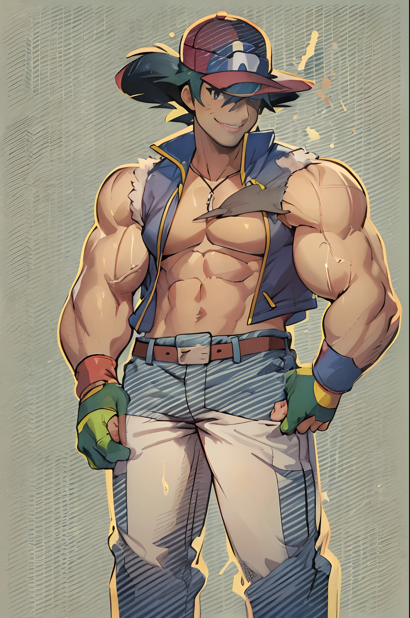 (masterpiece, best quality:1.2), Muscular body, imposing body,Imposing appearance, muscular arms, muscular legs, only body, trapezoid torso, sturdy body, muscular body, defined round and fleshy pecs, defined washboard ABS, defined arms, cowboy shot, solo, 1boy, pokemonketchum, smile, looking at viewer, hand on hip, baseball cap, blue jacket, sleeveless jacket, shirt, short sleeves, pants, fingerless gloves