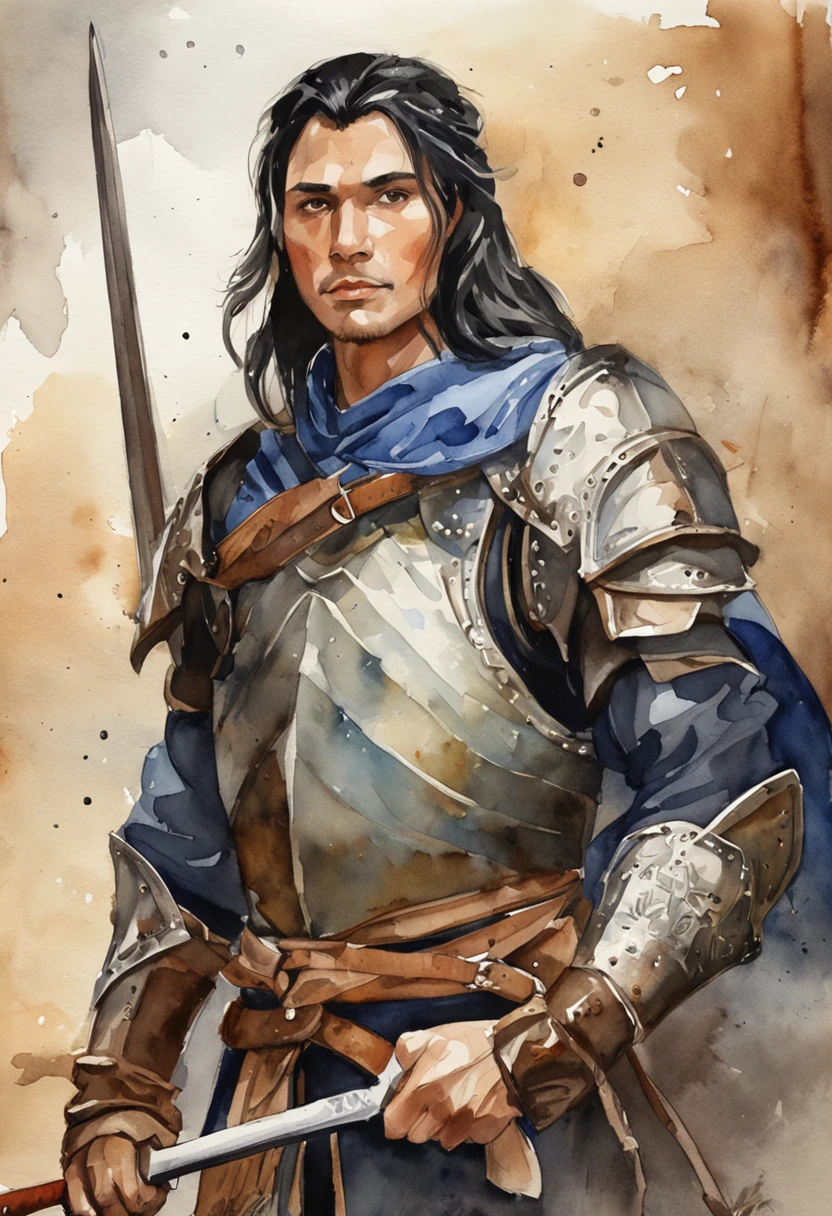 A person looking at the camera, black hair, wearing medieval armor and wielding a sword.