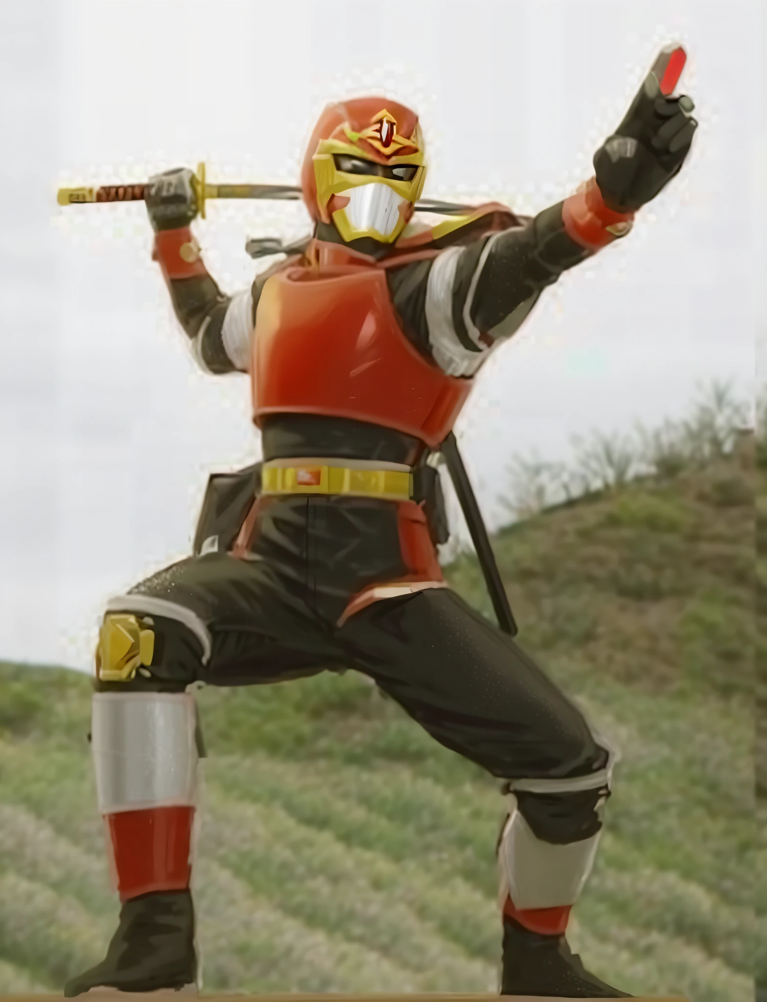 Arafed Ranger Red Ranger standing on a rock with a sword, Tokusatsu, O Ninja Vermelho, Kamen Rider personagem, the secret seventh power ranger, alta fantasia Kamen Rider, Toei, Kamen Rider, kamen rider action pose, wearing red and yellow hero suit, Kabuto, Fourze, Samurai Jetstream Sam, esquema de cores vermelho preto e dourado