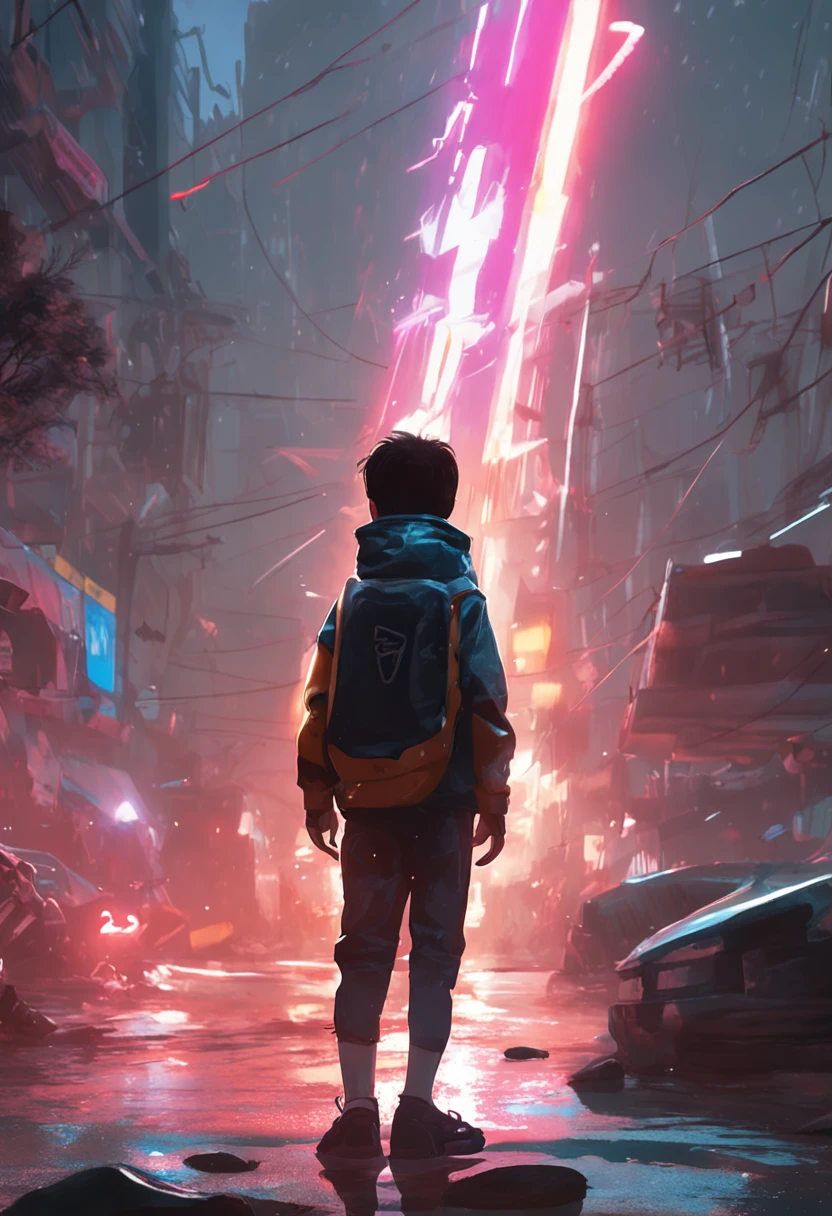 There is an angry boy holding a sphere of light in his hand, Arte no estilo de Guweiz, painting digital adorable, Estilo anime 3D realista, Wojtek FUS, arte digital detalhada bonito, Conectado com tubos brilhantes 8 K, inspired by Kanō Naizen, Ross Tran 8 K, arte digital bonito, Arte infantil em Artstation, digital art render. Background showing darkness