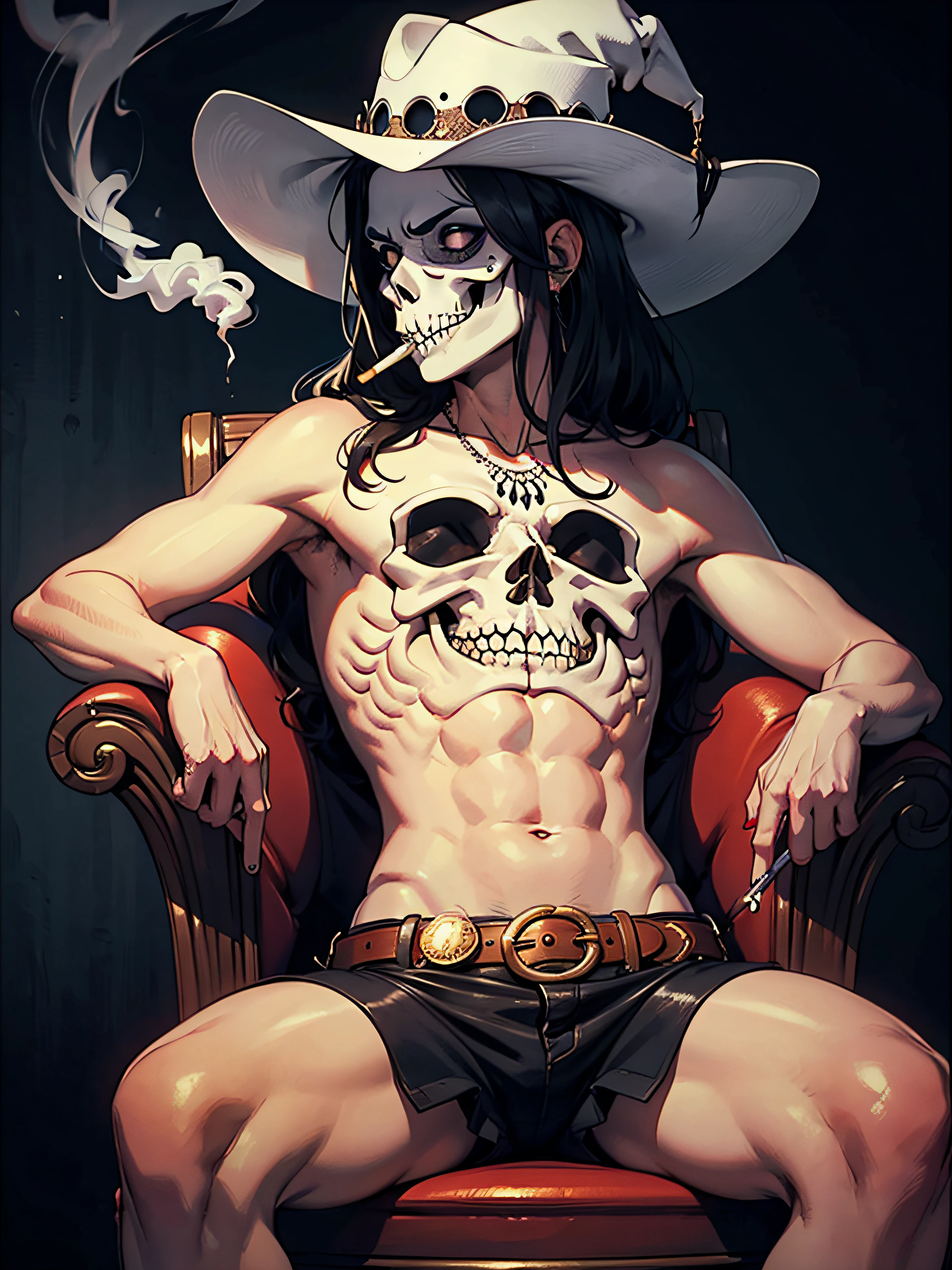 Uma obra-prima Skelleton Rocker, With a cowboy hat, Fumar uma cigarrette, sentado em um trono, disco Rigido