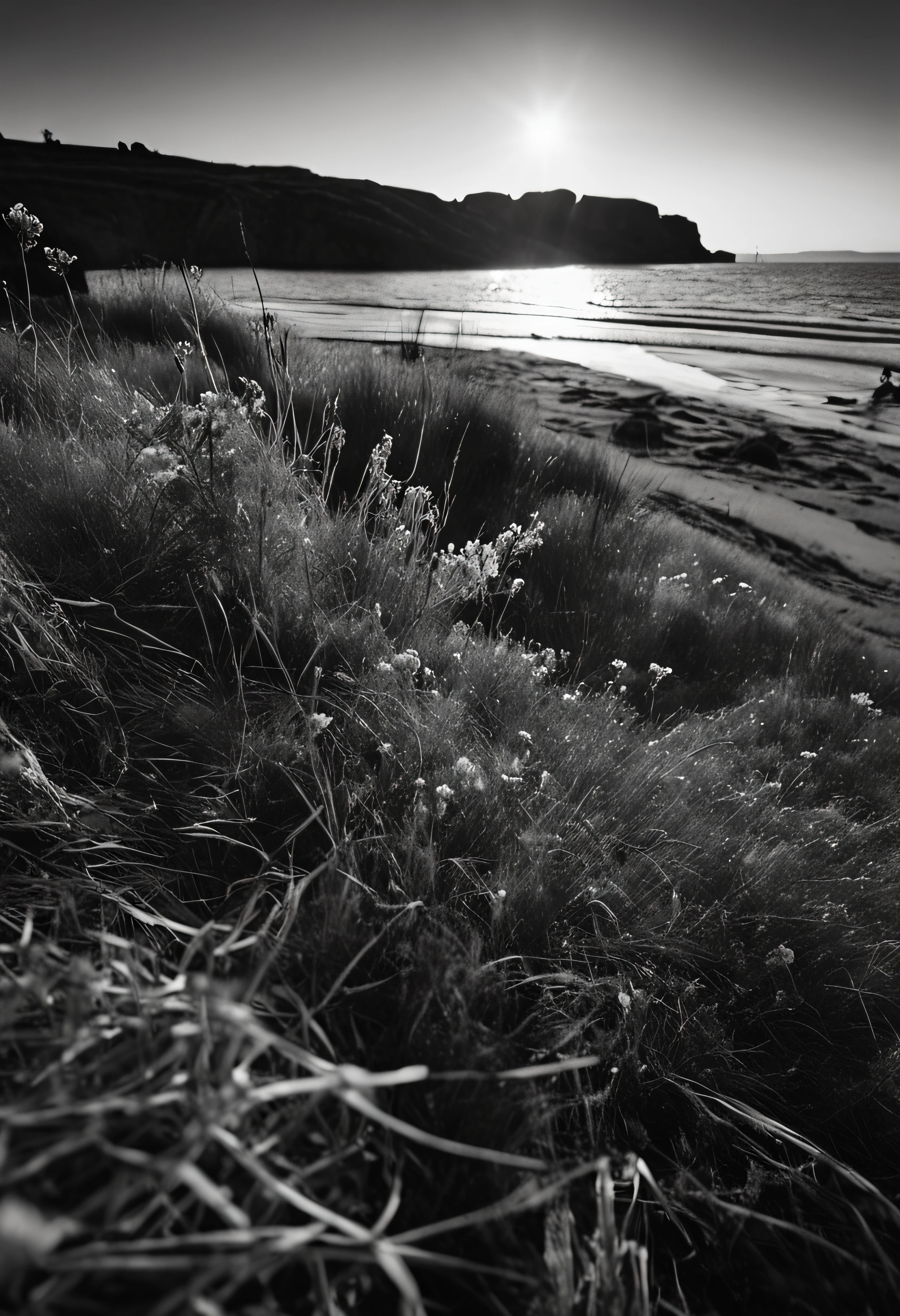 Black and white photograph, solitary beach, Close-up with herbs bathed in sunset light. background of a calm sea, horizon with the sun falling on the right side of the image, 35 mm lens, high contrast