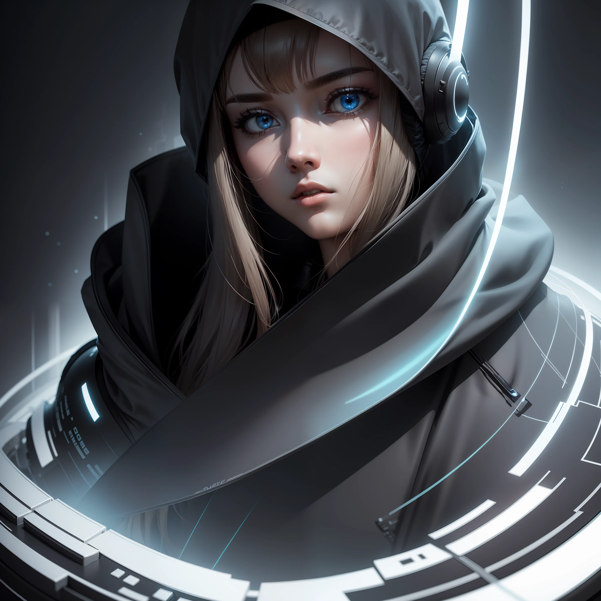 Compose a profile image inspired by Alan Walker's iconic style. use tons de preto, branco e neons vibrantes para criar um fundo futurista. Adicione uma silhueta estilizada em primeiro plano, suggesting a musician immersed in the electronic beat. Use light and shadow effects to give a mysterious and energetic touch to the image, reflecting the unique atmosphere of Alan Walker's productions. Don't forget to add the distinctive touch of the masks!