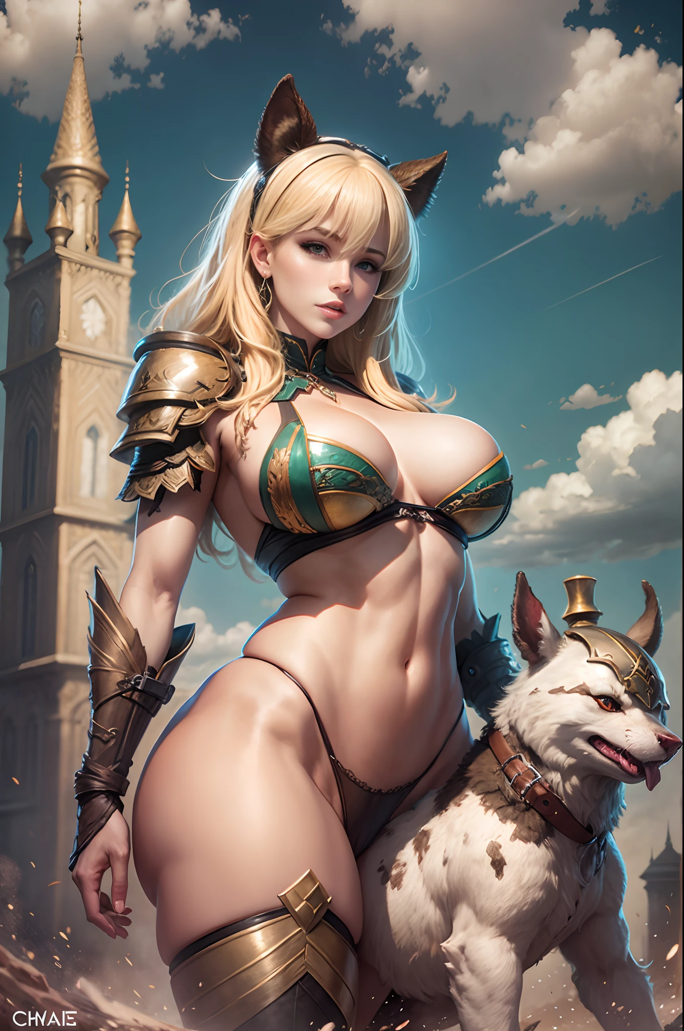 Apenas a [1 mulher] (fantasia:1.1) Queen's Blade, sexo, blonde hair, Peito gigante, (chiselled abdomen: 1.1), (pele escura:1.1), ( armadura:1.2), dentro de um castelo, perfeito_Hands