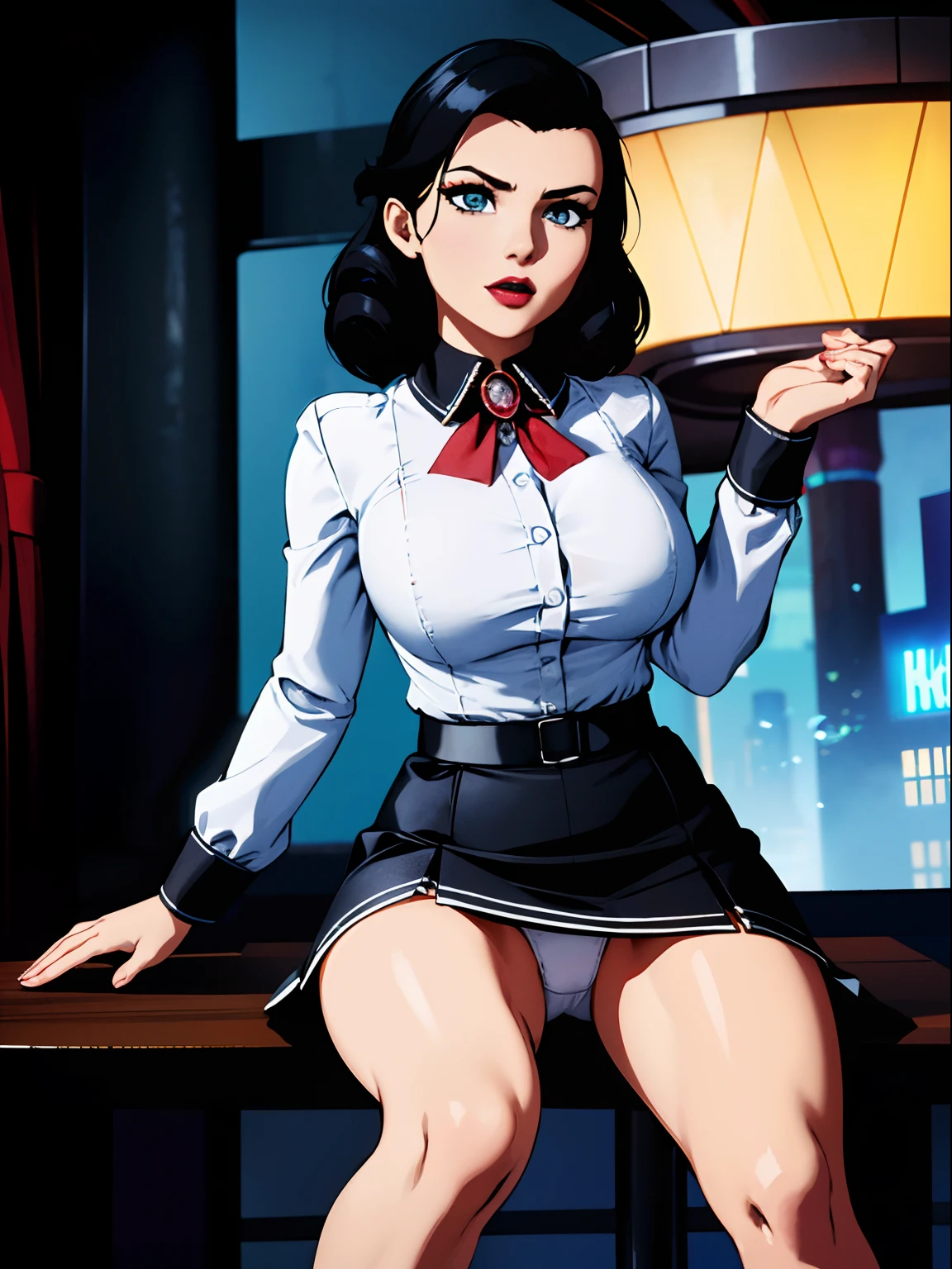 Elizabeth comstock, underwater city, white blouse, black skirt, big breasts, serious look, epic pose, heroic, red lipstick, (8k, RAW photo, best quality, masterpiece:1.2),ultra-detailed, (high detailed skin:1.2), 8k uhd, dslr, soft lighting, high quality, upskirt, (white panties: 2), (visible panties: 2), (lifting her skirt: 2), (spreading her legs: 1.2), big boobs, (sitting: 2)