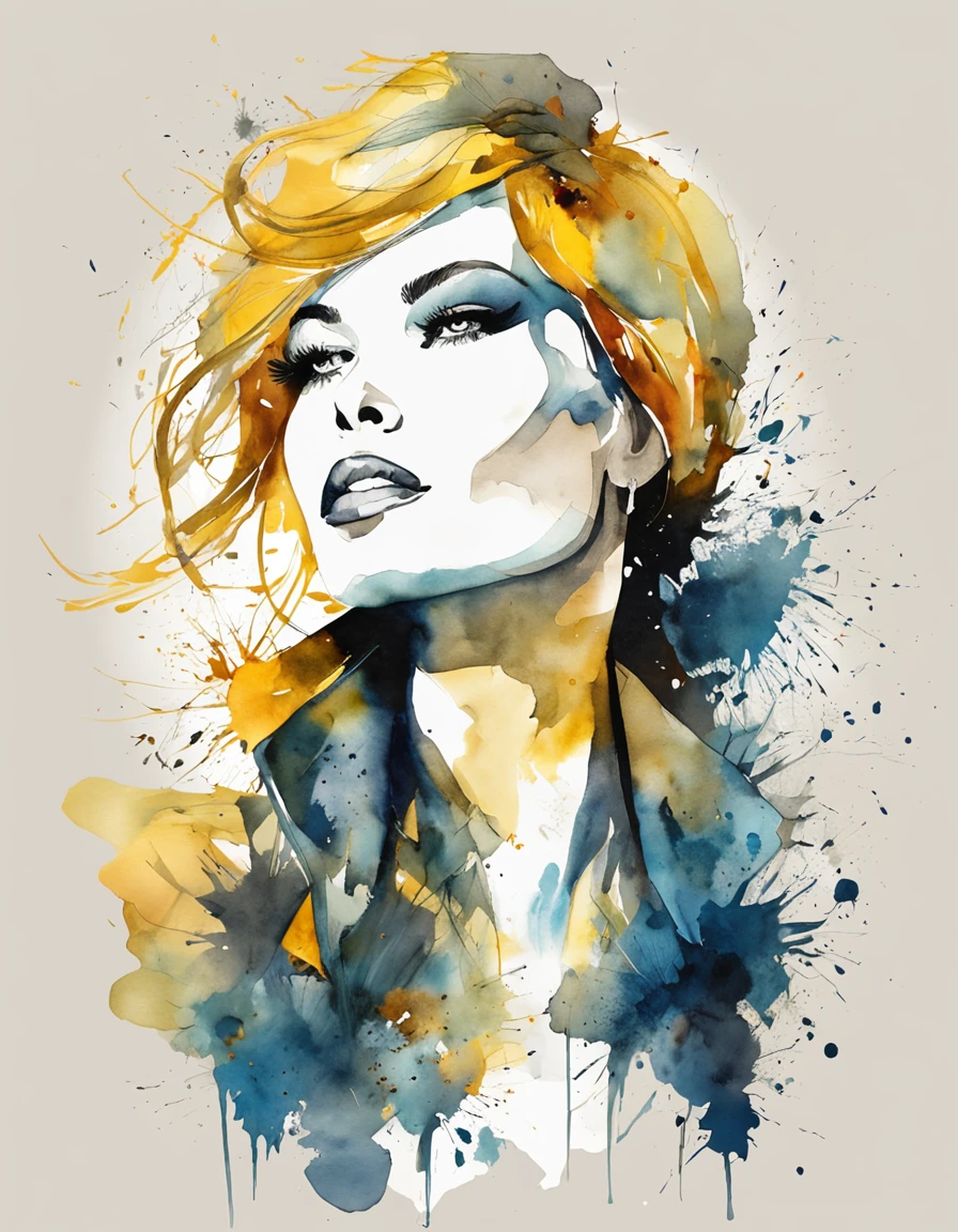 Young woman, rock star  in the style of Alberto Seveso , simple lines, vectorial art, dark yellow and dark white portait