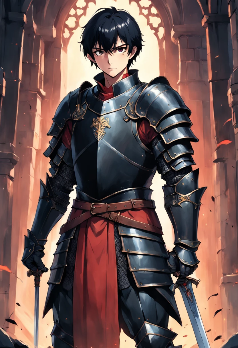 "A man with short black hair, medieval black armor, underneath the armor is a red shirt, looking towards the camera, holding a large sword attached to his back, his hands are lowered."