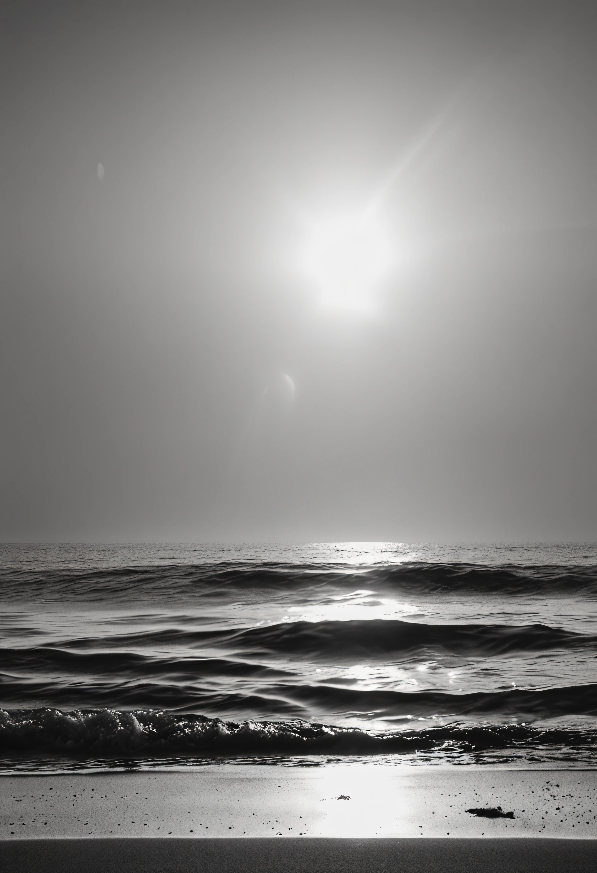 Black and white photograph, solitary beach, Close-up with herbs bathed in sunset light. background of a calm sea, horizon with the sun falling on the right side of the image, 35 mm lens, high contrast