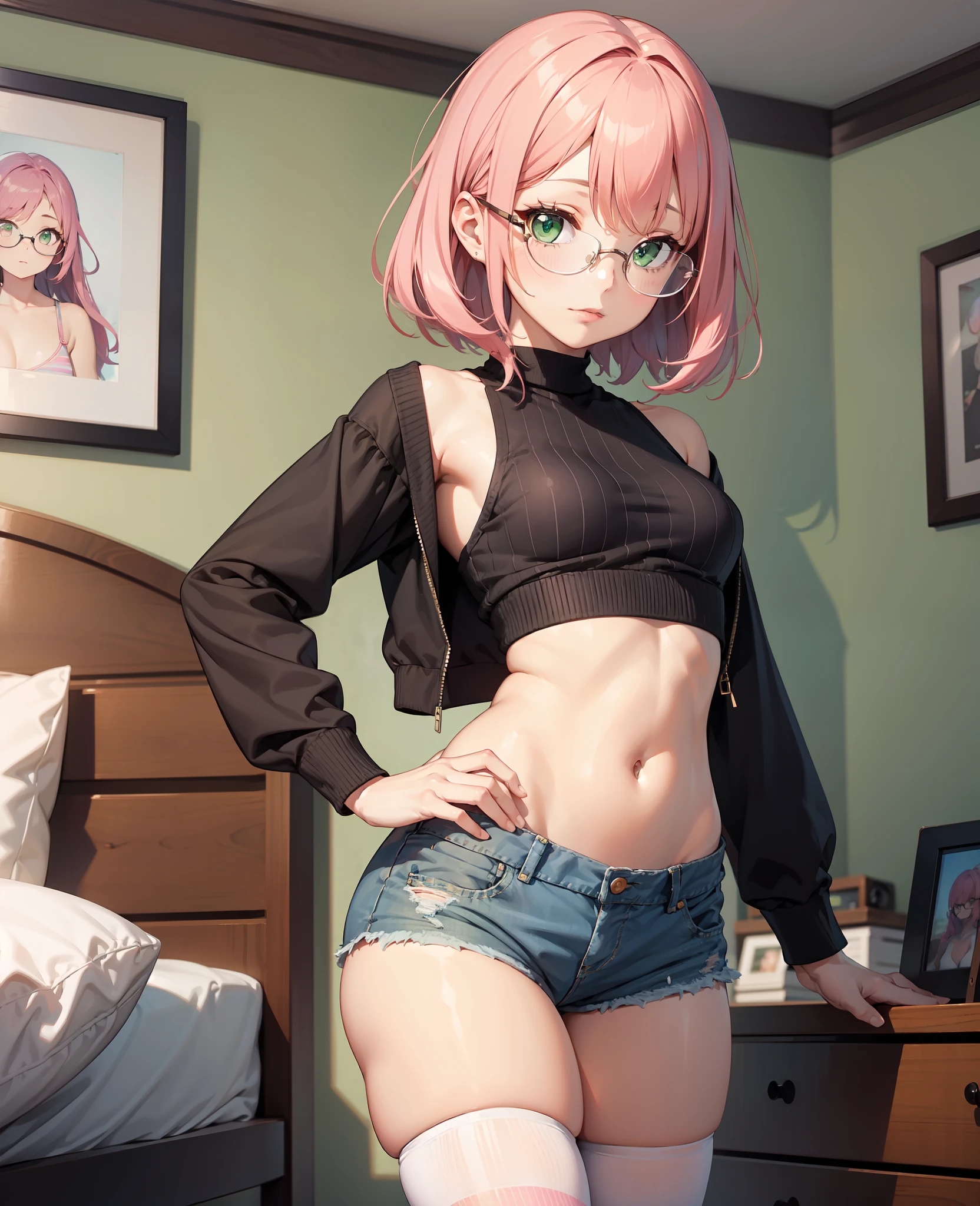 1girl, small breasts, small hips, green eyes, pink hair, crop top, denim shorts, bedroom, striped thighhighs,,pervert, petite, glasses,