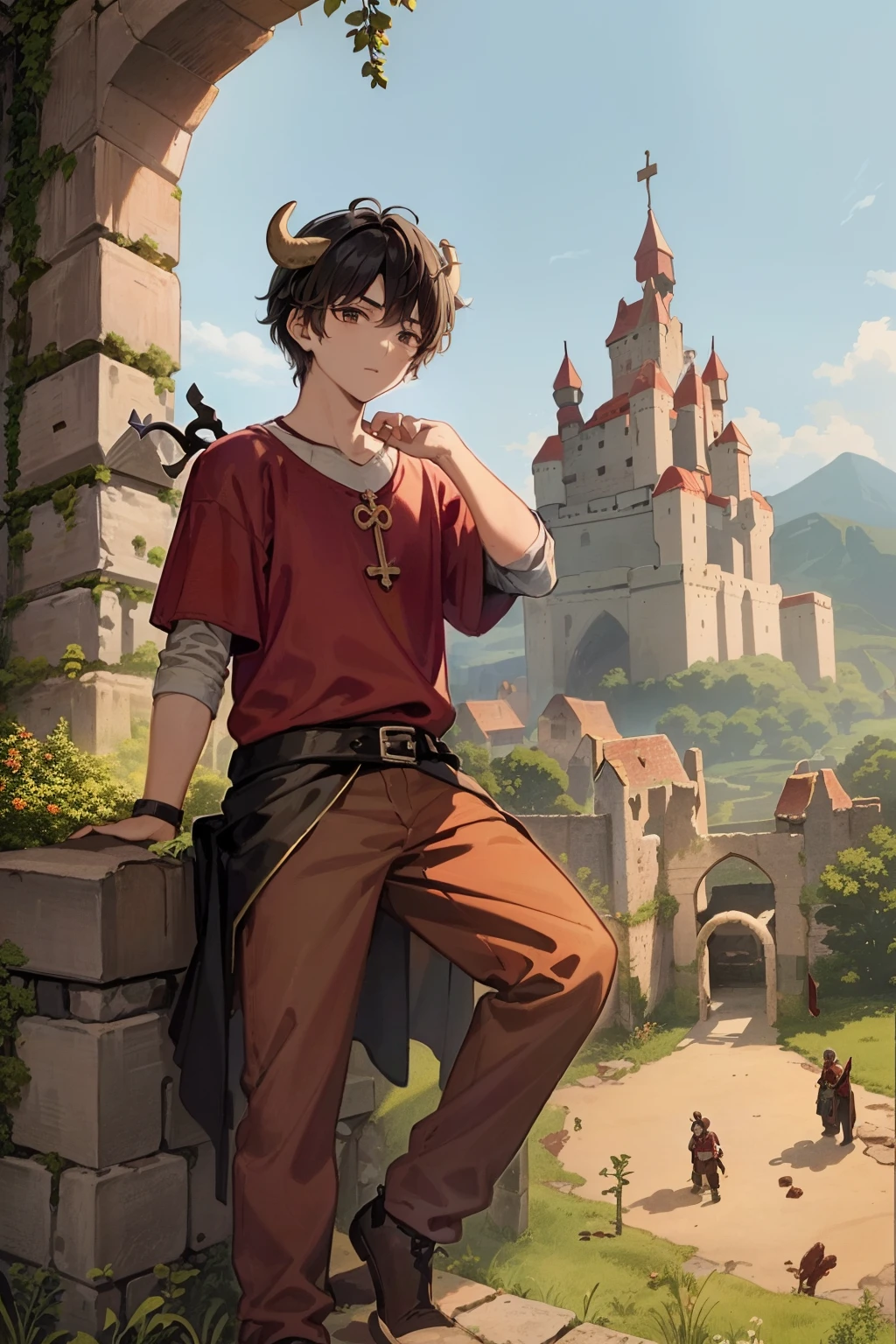 Tarot card, young boy, with two bull horns,  wearing one red medieval shirt, brown pants, in a castle ruins, ico castle, stone walls 4k