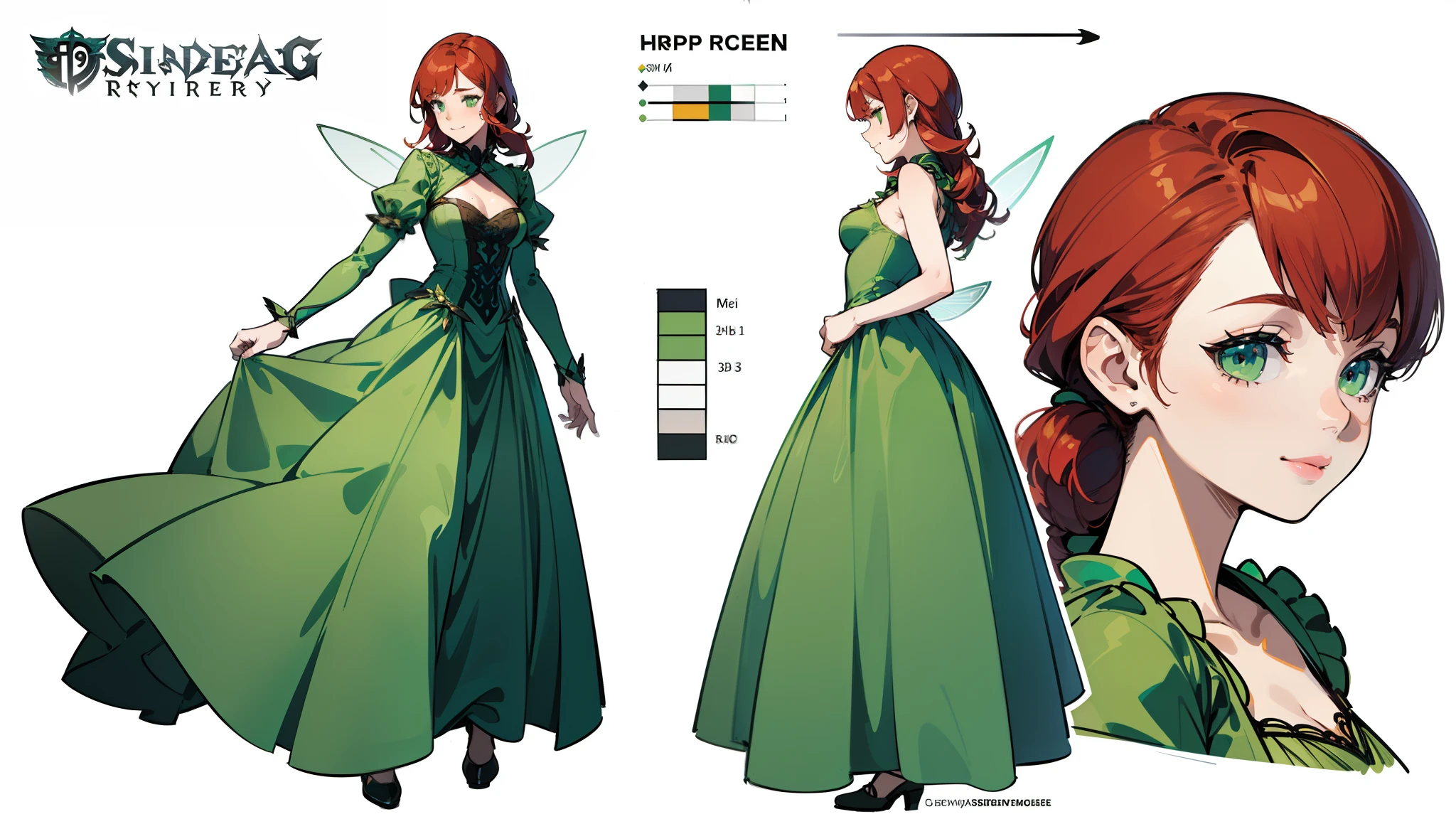 ((Best Quality)), ((Masterpiece)), ((Realistic)) 19 year old, redhead girl, shoulder length hair, relaxed happy face ((slender)) (busty), ((( light green fairy dress ))) ((sexy )) cyberpunk, textured pixie haircut (((detailed character sheet, frontal view, side view, three quarter view))) (((white background))) 6 and a half heads full body