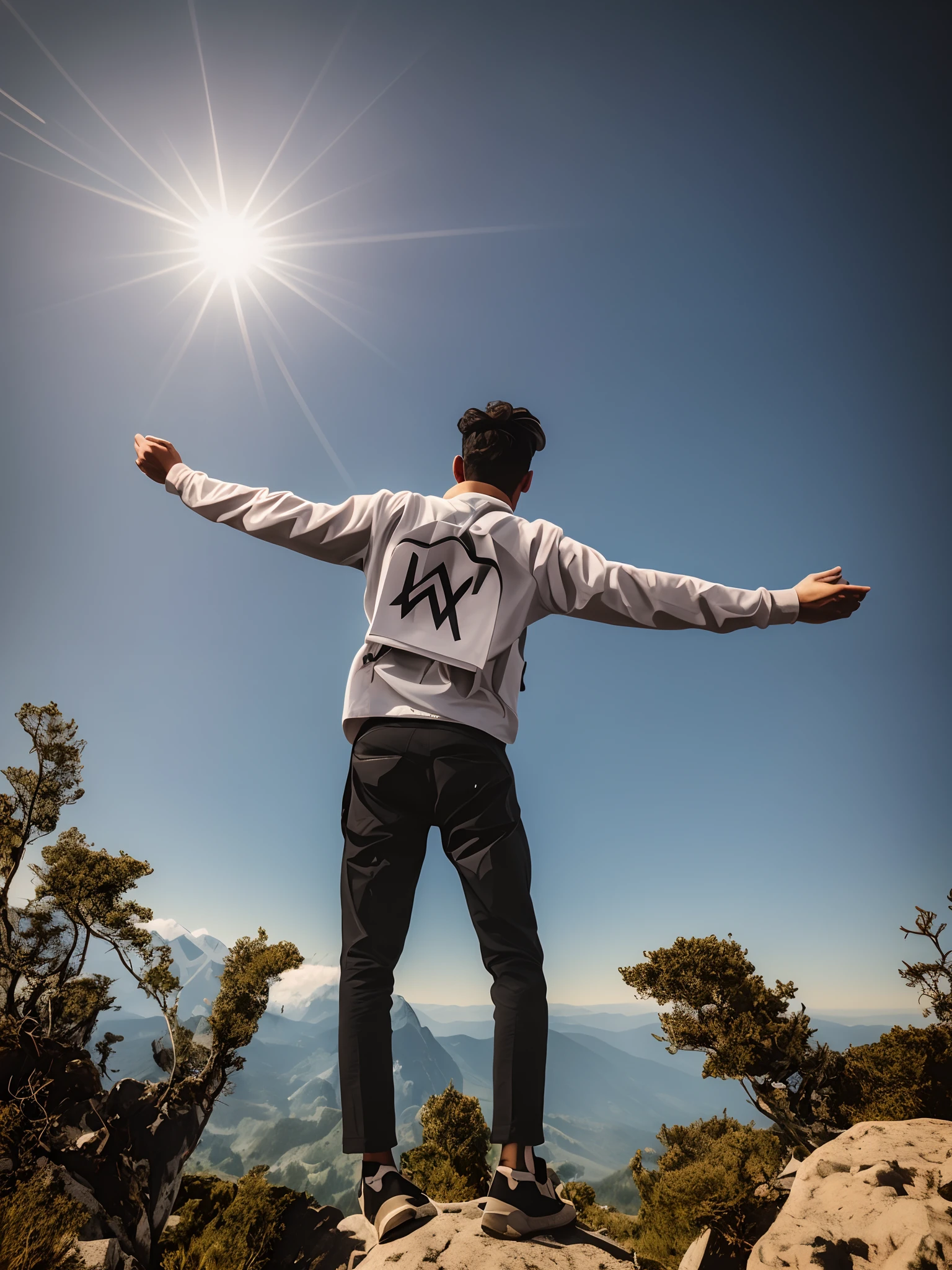 there is a man standing on a rock with his arms outstretched, standing on mountain, standing on top of a mountain, his arms spread. ready to fly, standing on a mountain top, on top of a mountain, standing in front of a mountain, on the top of a mountain, at the top of a mountain, rising from mountain range, standing on a hill