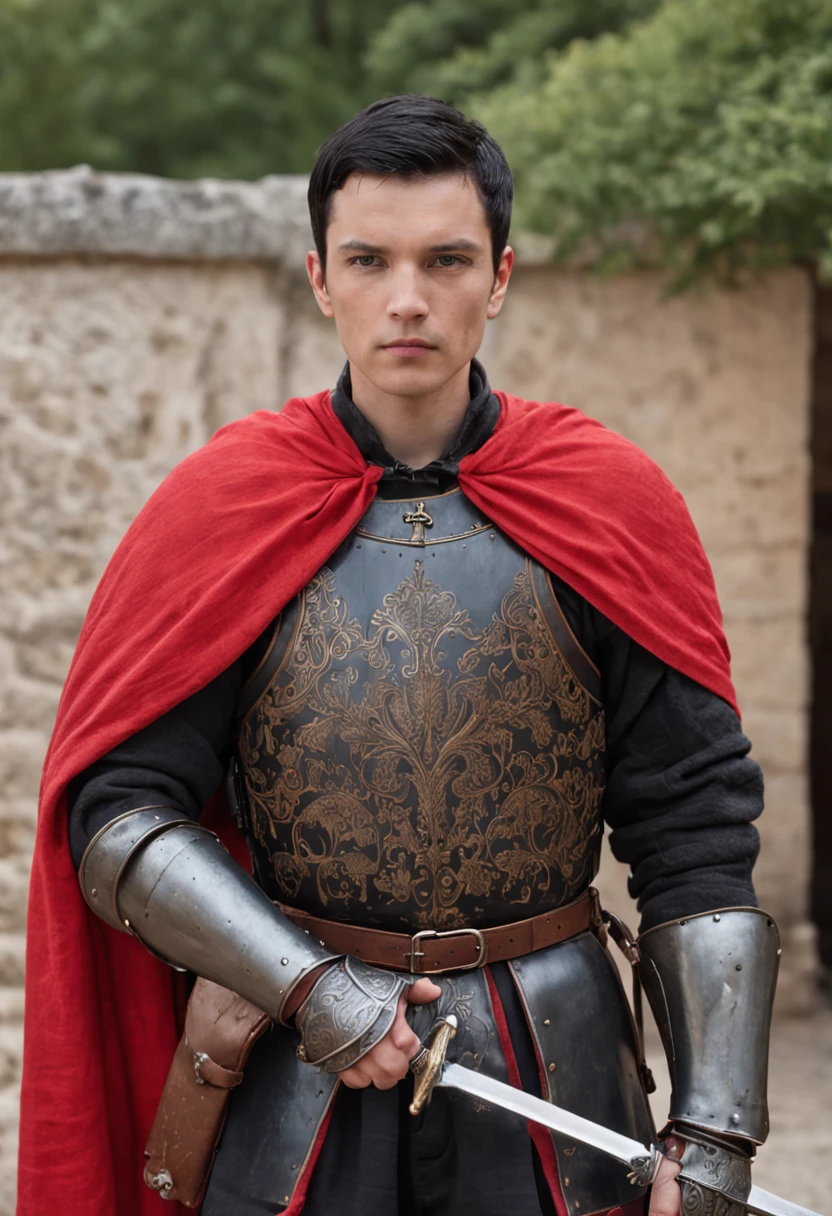 "A man with short black hair, medieval black armor, underneath the armor is a red shirt, looking towards the camera, holding a large sword attached to his back, his hands are lowered."