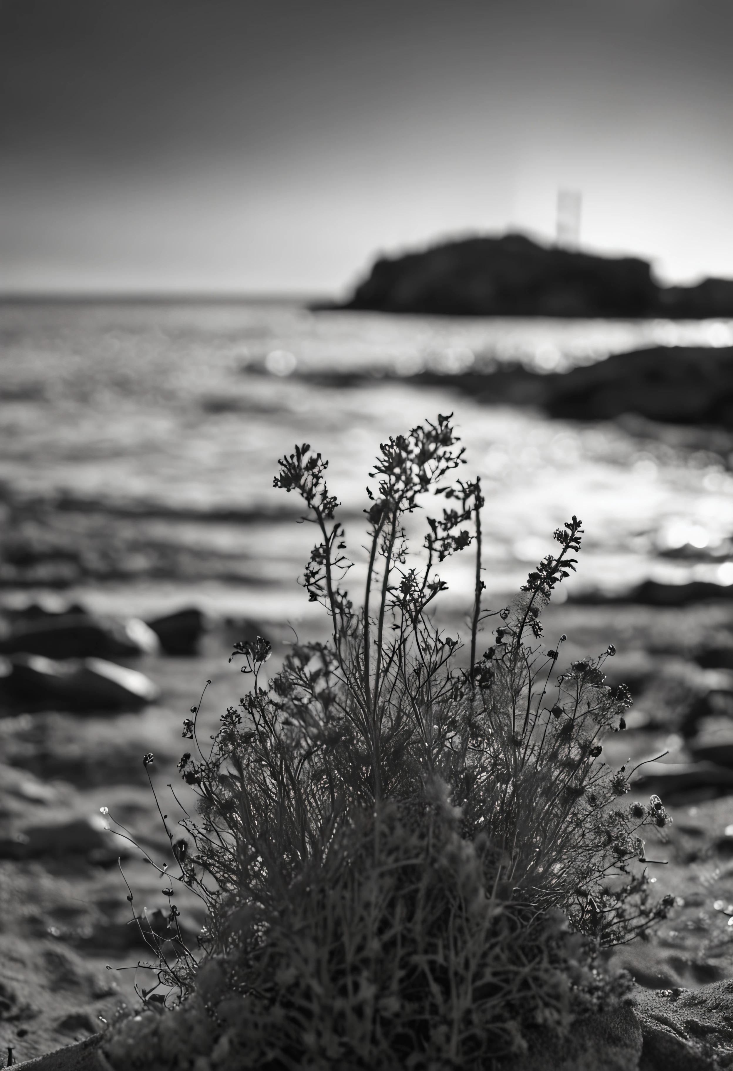 Black and white photograph, solitary beach, Close-up with herbs bathed in sunset light. background of a calm sea, horizon with the sun falling on the right side of the image, 35 mm lens, high contrast