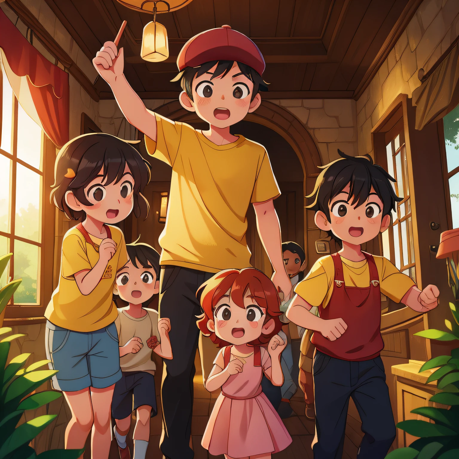 (best quality, high quality:1.3), CG, dramatic lighting, highly detailed, Bokeh, a group of adventurous friends, 5 9 YEAR OLD CHILDREN, The children were Lucy, a blonde 9 year old girl, tom, a boy african boy wearing a yellow t-shirt, age 9, maria, an african girl wearing a pink dress, age 9, peter, a red-haired boy, wearing a cap, age 9, and john, a boy, age 9, and curly black hair. the children walking in the mansion, looking scared at everything