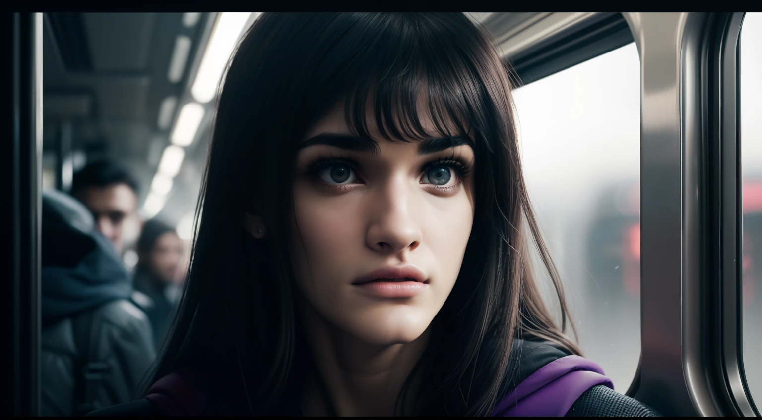 35mmstyle:1) (realistic, photorealistic: 1.37) artstyle close-up portrait photo Film still of a cyberpunk Woman (((Sofia Boutella))) from the year 2123 inside a crowded train, the people in the background out of focus, Cool, Saturated, Purple, Mystery, Science Fiction, 35mm, vintage film still, soft lighting, cinematic (((cinematic lighting))) sharp focus, depth of field, f/1. 8, 35mm, medium shot, mid shot, (centered image composition), (professionally color graded), ((bright soft diffused light)), volumetric fog, trending on Instagram, trending on Tumblr, hdr 4k, 8k