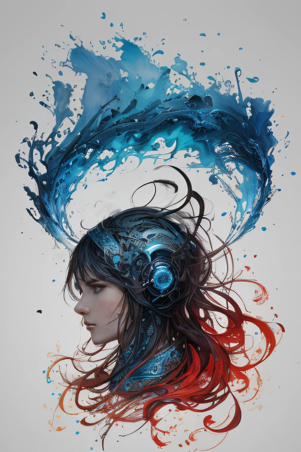 ready-to-print vector t-shirt art graffiti illustration of complex robot: blue messy steel head, oil painted, perfect face, perfect face, intricate image, shades of blue,light red color added, 1024K resolution,A ArtStation digital painting, it is smooth and very flowing black ink:photorealistic masterpiece:intricately detailed fluid gouache painting:Written by Brunna Mancuso:calligraphy:propylene:watercolor art,Professional photographed,natural lighting,Minimalistic volumetric lighting photo illustration :Written by Marton Bobzert: intricate,Ellegance,Sprawling,magical dream,Hair on fire,full of life, 3d illustration, Adobe illustration, artwork centered, scratch paint design, planet splash, white background