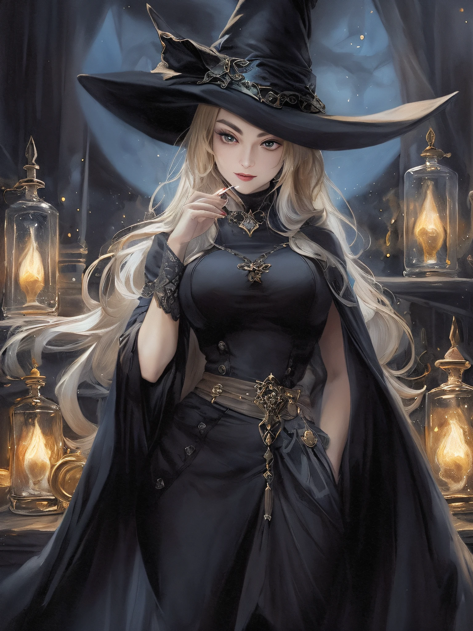 1 female, full-length portrait of arrogant mature princess, smile expression, beautiful (Sasha Grey) face, artistic pose, sexy decollete, wearing black (witch hat:1.35), violet and black (mantle:1.5), (the fullest sweetest most luscious lips), slim body, soft white skin, sexy thighs, ((she advertises a magic elixir:1.2)), (big tits), very thin waist, (extremely long blonde hair:1.2), ((contrapposto)), full soft breast BREAK pronounced lips, (masterpiece), cinematic lighting, high definition, (dark shot:1.3), intricate details, best quality, front light, (((background: fantasy laboratory, magic interior, magic effects, smoke, glowning_particles)))