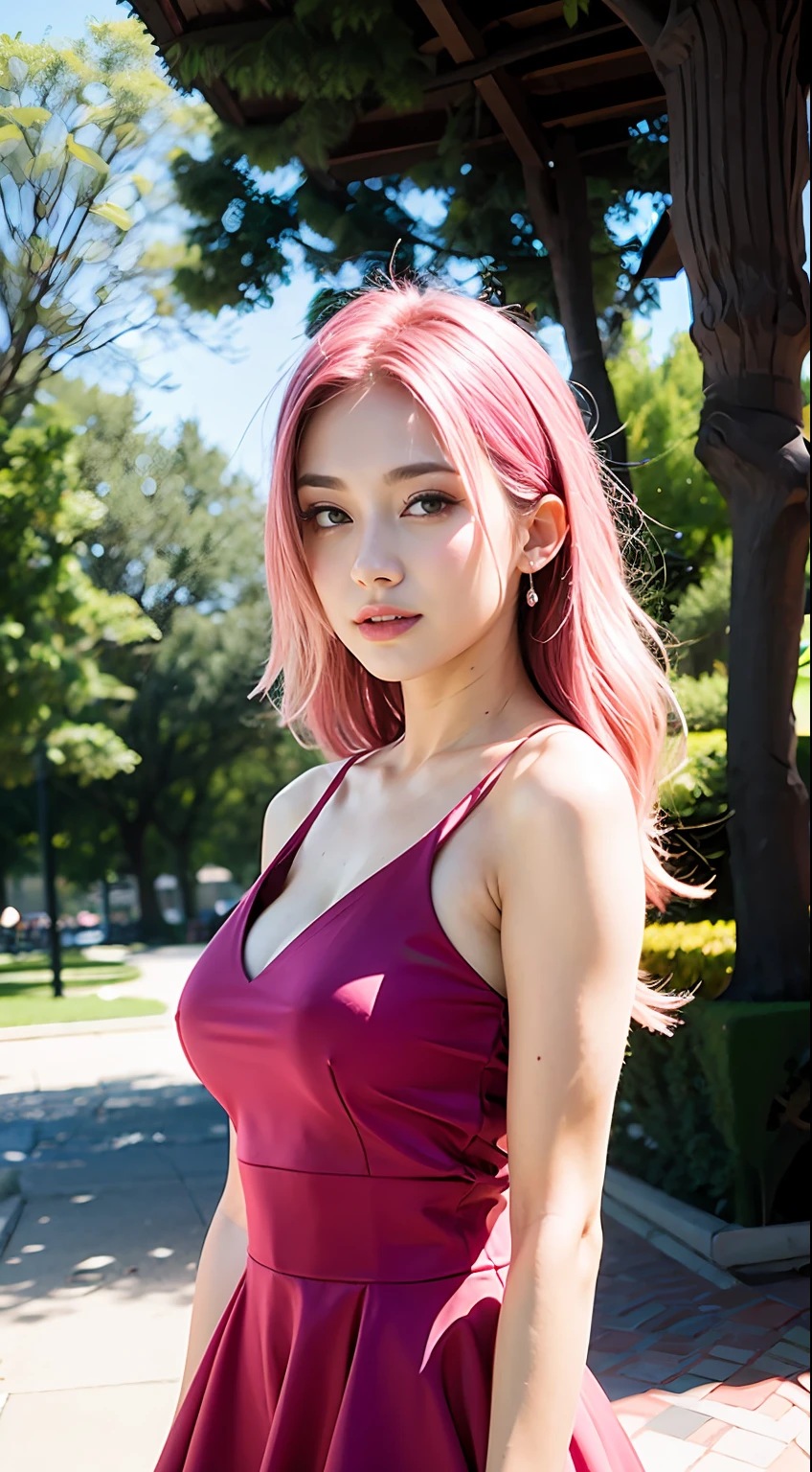 (Upper body), (18 years old girl), big breast, pink hair, summer dress, in the park