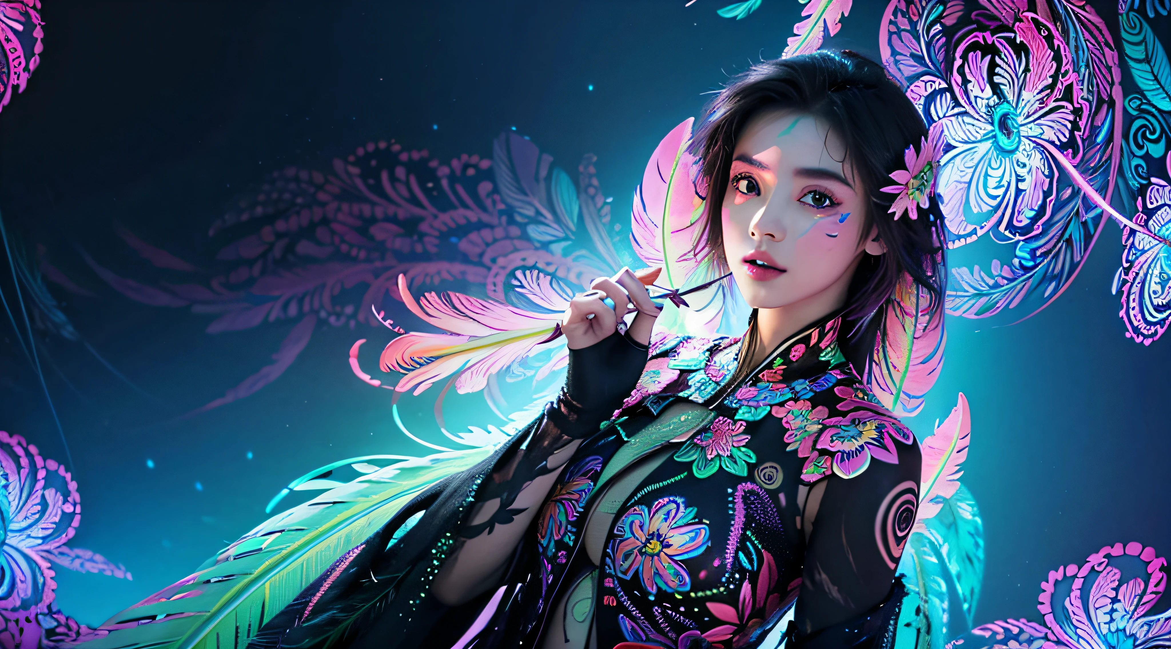 master part, Qualidade Superior, best quality, Arte Oficial, Beautiful and Aesthetic:1.2), (1girl:1.3), extremamente detalhado,(Arte Fractal:1.1)neon light,(colorido:1.1)neon light(flor:1.3)neon light,mais alto detalhado,(Zentangle:1.2)neon light, (dynamic pose), (Resumo Antecedentes:1.3) neon light, (pele brilhante), (muitas cores:1.4)neon light, (pena:1.5), Neon light
