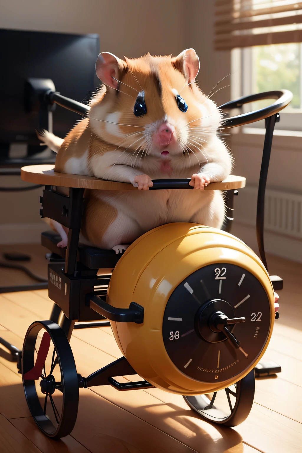 A hamster running on his exercise wheel.