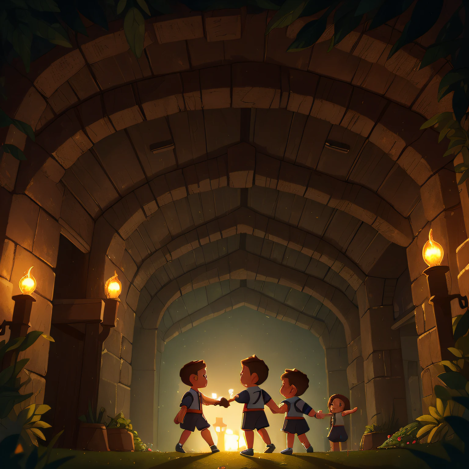 (best quality, high quality:1.3), CG, dramatic lighting, highly detailed, Bokeh, A CUTE group of kids WEARING SPORTS CLOTHES, walking in a dark dungeon, A CUTE ??? walking in front, holding a candle in his hand