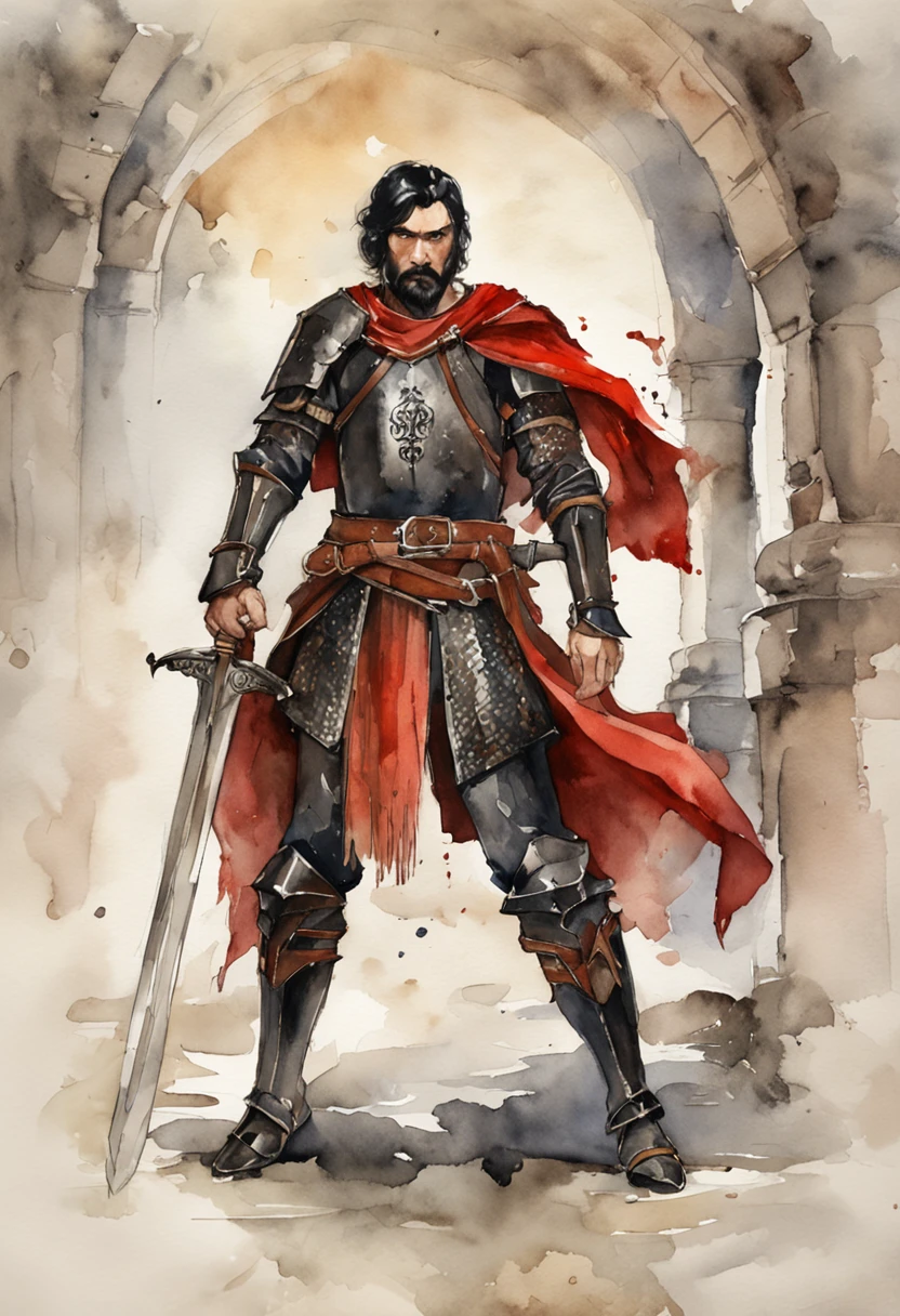 "A man with short black hair, medieval black armor, underneath the armor is a red shirt, looking towards the camera, holding a large sword attached to his back, his hands are lowered."