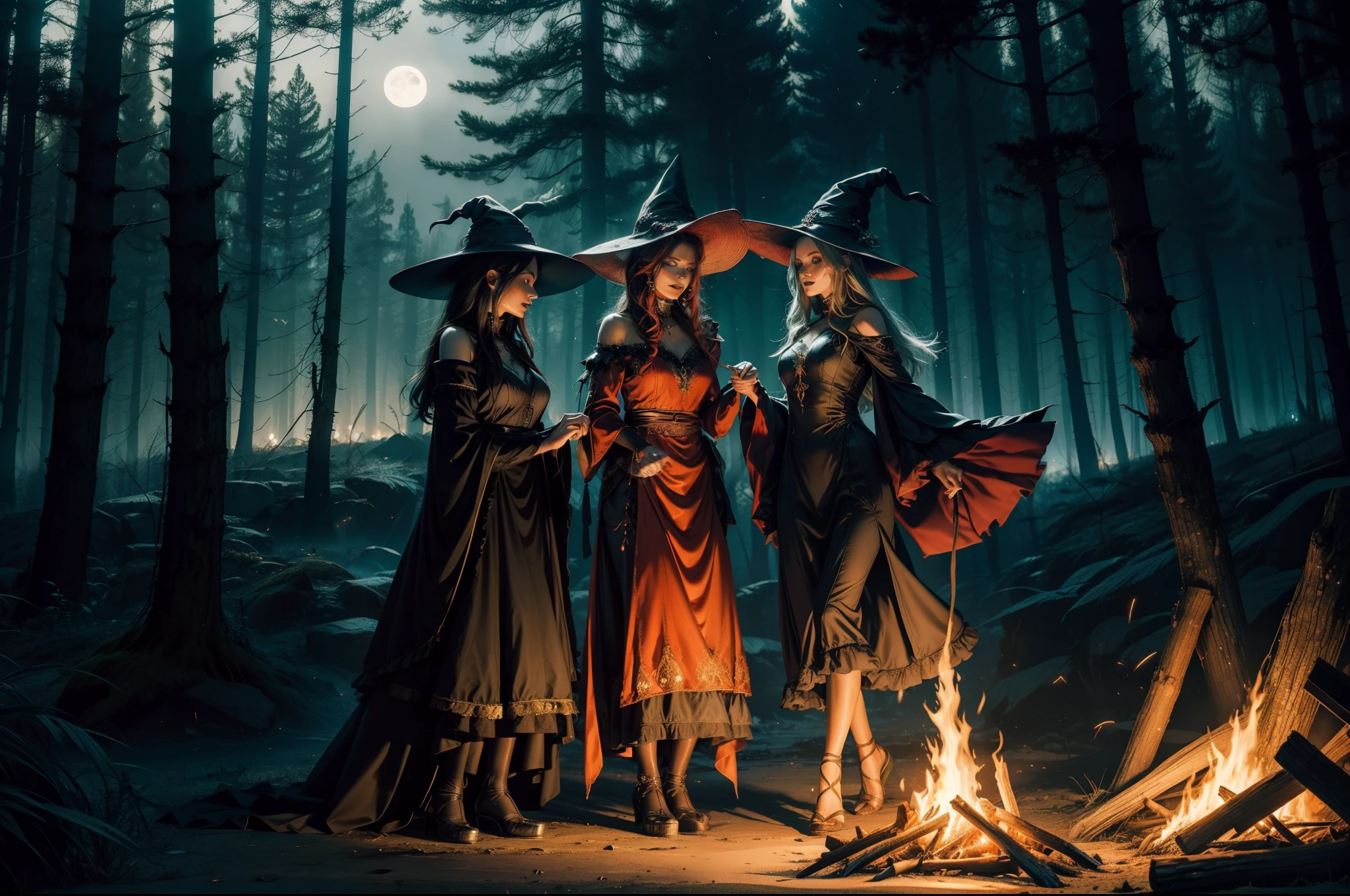 A coven of alluring sexy witches, thin with hourglass figures, performing a mystical ritual around a blazing bonfire under a starry night sky in a dense forest. (perfect face:1.6), (perfect realistic skin texture:1.5), (perfect eyes:1.5), photorealism, (sfw huge breasts:1.6)