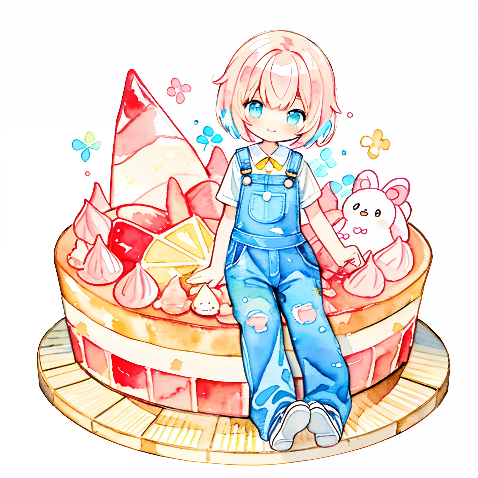 PastelColors:1.5)、(Cute illustration:1.5)、(watercolor paiting:1.2)、Light blue background、girl with、full body Esbian、smile smile、Stranger、Pale yellow all over、Moya、marble、colourfull、jello、tart、Tart cake、Kawaii Girl、Denim Overalls