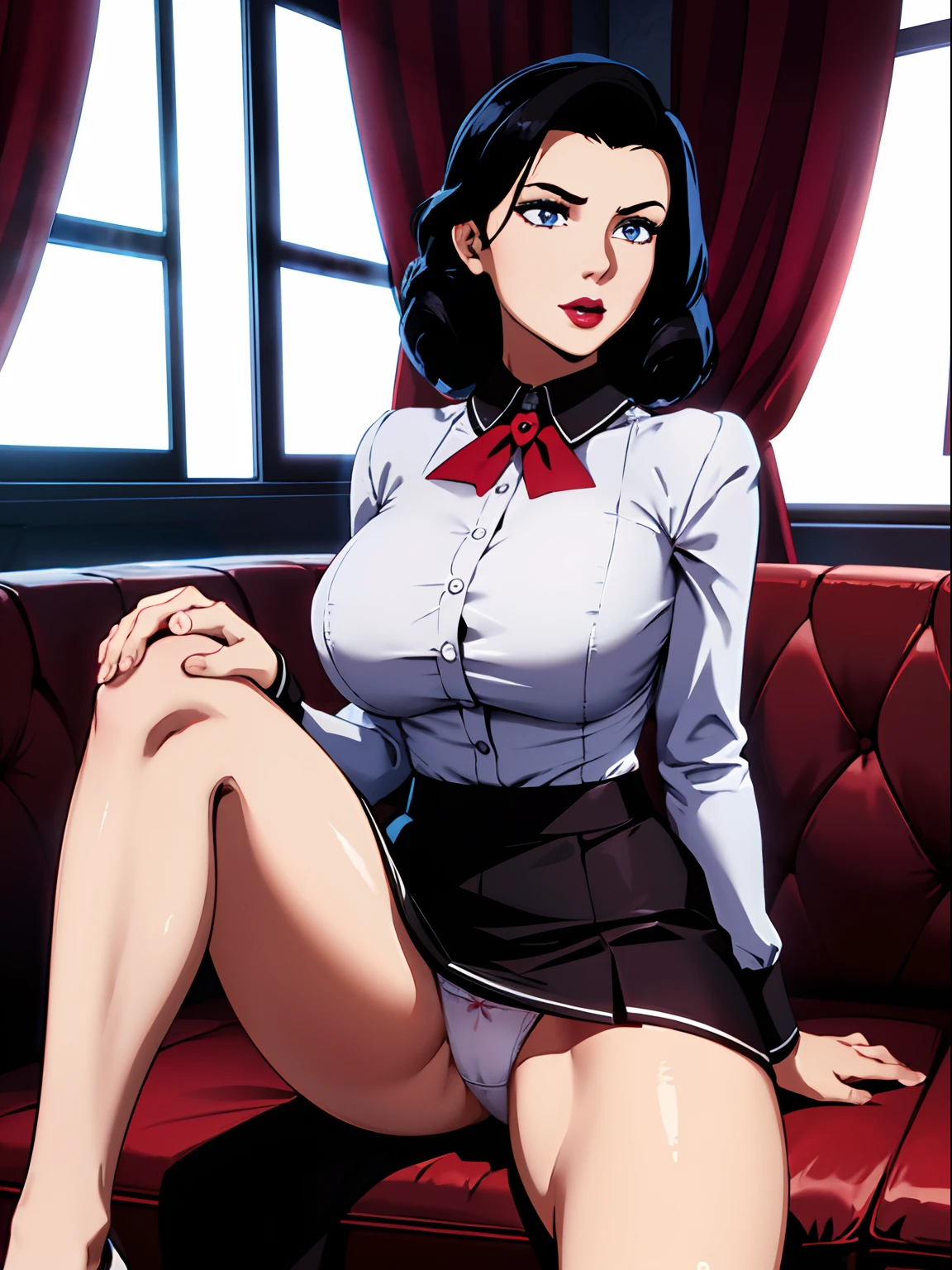 Elizabeth comstock, maid uniform, big breasts, serious look, epic pose, heroic, red lipstick, (8k, RAW photo, best quality, masterpiece:1.2),ultra-detailed, (high detailed skin:1.2), 8k uhd, dslr, soft lighting, high quality, upskirt, (white panties: 2), (visible panties: 2), (lifting her skirt: 2), (spreading her legs: 1.2), (big boobs: 2), (sitting: 2)
