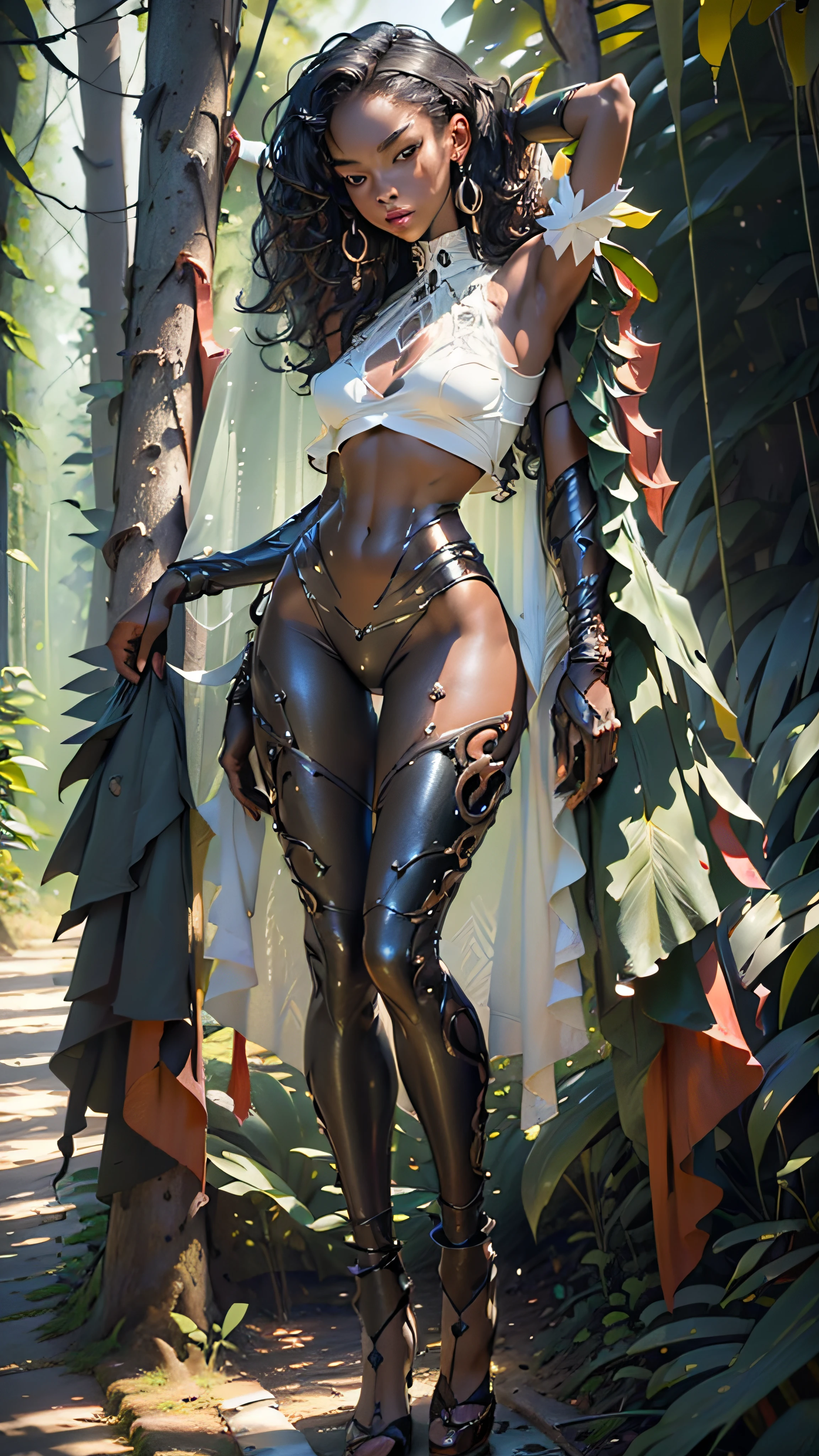((masterpiece)),((whole sculptural body)),((wide view of the angel)),4k,photorealism, real,hyper realistic,high res,athletic body,beautiful real sculptural body women, beautiful black african woman,black african royal thin african girl,((in the forest)),21 years old,((solo)),((real slender woman's face)),revealing body parts, transparent,hyper realistic, ultra detailed skin, small chest, ((visible,((transparent clothes)),neckline,((full body)),(masterpiece),(detailed high face),(high details),4k,8k , high res, ((hanging breasts)),normal, ultra realistic,(cinematic lighting),(cinematic pose))