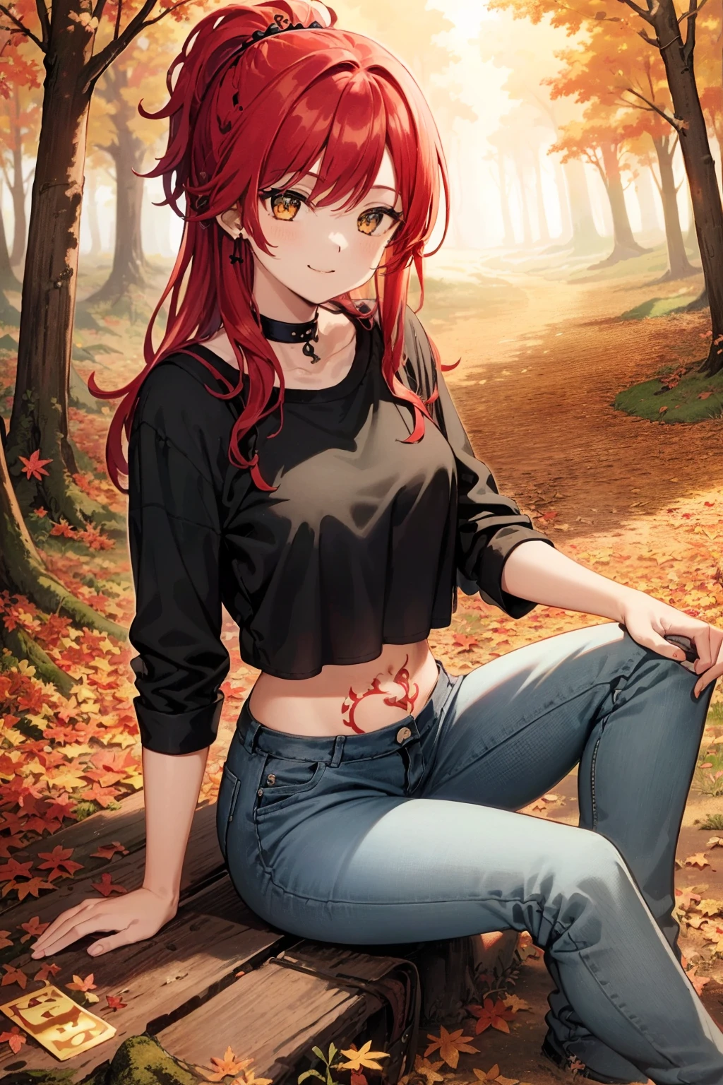 tarot card, young girl, red hair, tattoed  arm, wearing one black top, jeans pants, on a forest, autumn season, folhas secas,sitting on the floor, smiling, 4k
