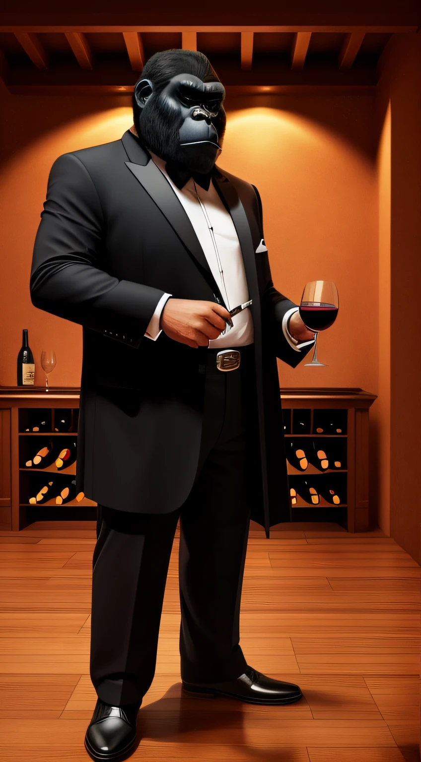 Mafia gorila, holding a pipe and a glass of wine, cores vibrantes, ultra detalhado, realismo ultra HD 8k.