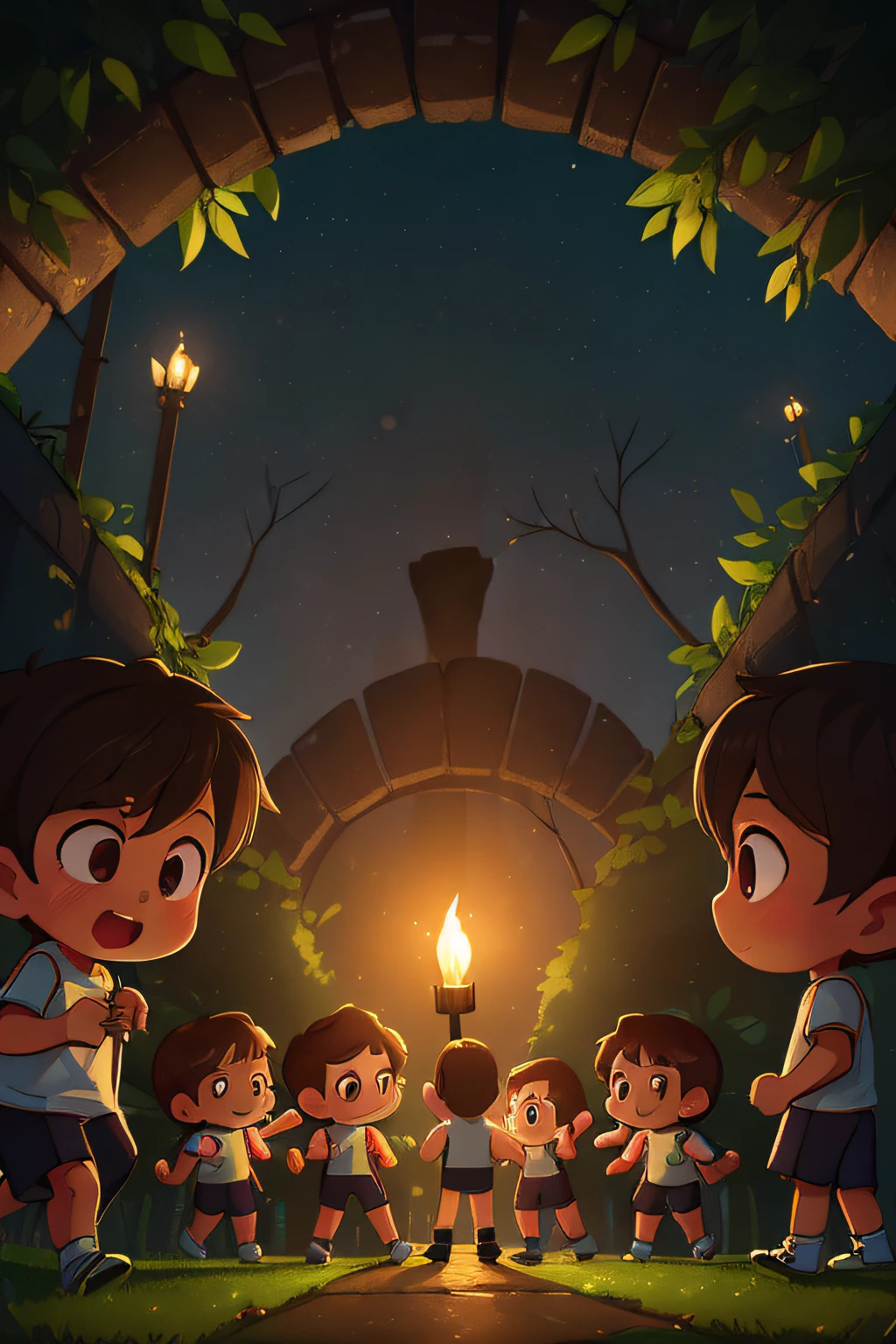 (best quality, high quality:1.3), CG, dramatic lighting, highly detailed, Bokeh, A CUTE group of 7 kids WEARING SPORTS CLOTHES, walking in a dark dungeon, A CUTE ??? walking in front, holding a candle in his hand