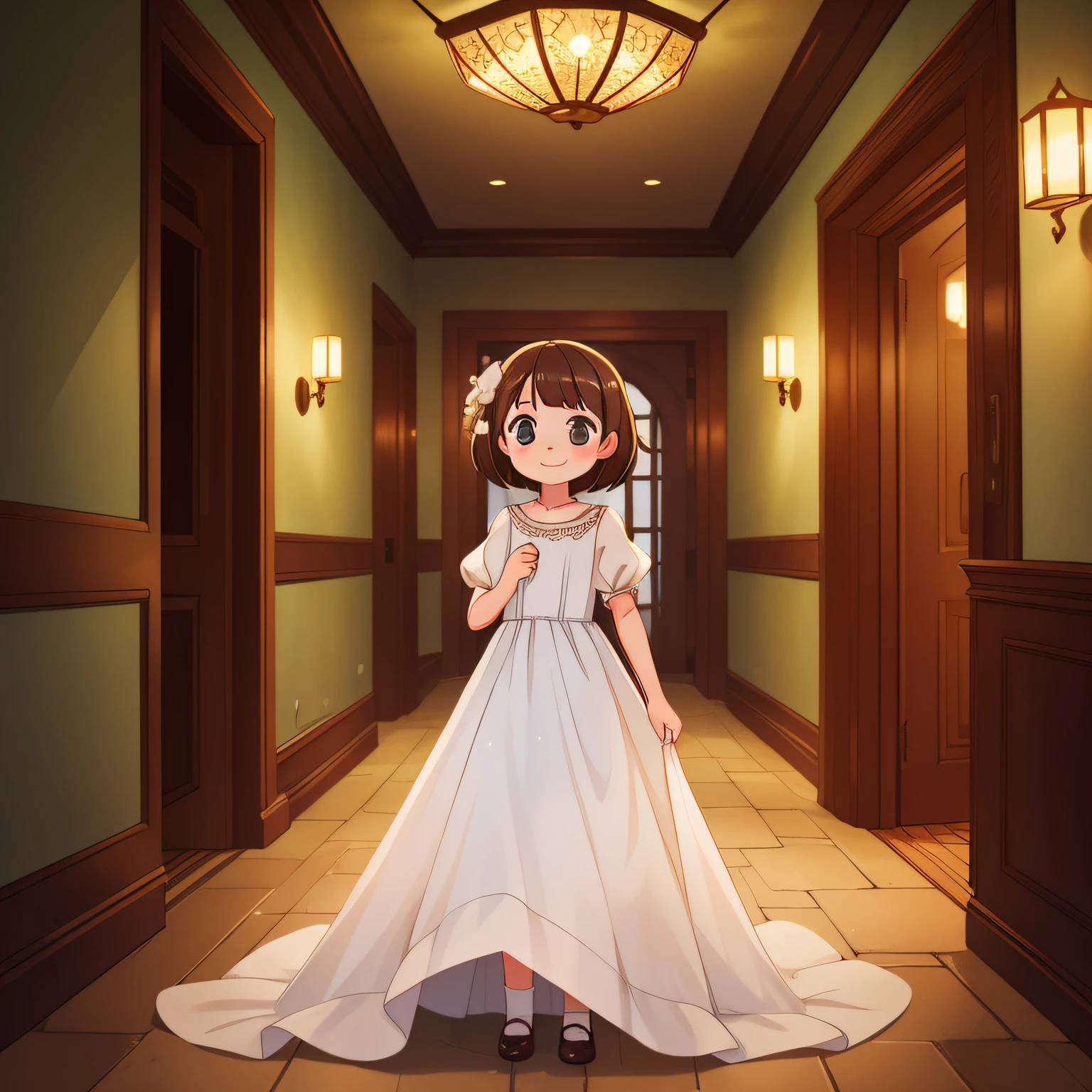 (best quality, high quality:1.3), CG, dramatic lighting, highly detailed, Bokeh, 10-year-old ghost girl named elize, translucent, wearing a long white dress, kind gaze and a slight smile on her face, still in the hall of the mansion