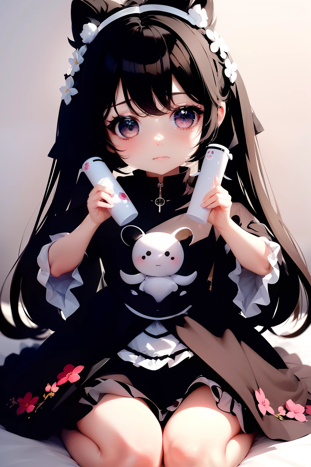 ((Best quality)), ((Masterpiece)),1 girl, animemanga girl,Q version characters,Infant body type,Very short in height,Black color hair,a black skirt,Flowers in hand,Fierce expression