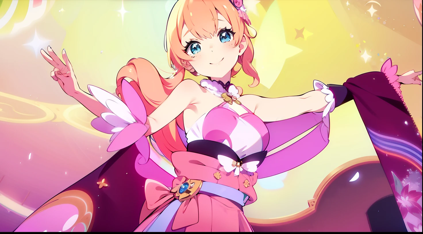 Menina do anime com olhos azuis,peach-colored hair with light blue tips, cheerful and smiling expression