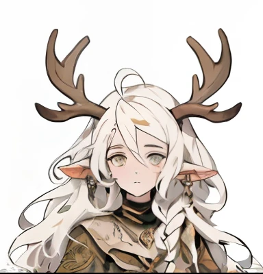 A closeup of a person with long hair and deer head, anthropomorphic deer female, anthropomorphic female deer, chifres curtos, chifres de espada, projeto da menina chifres exuberantes, Discord PFP, Keyleth, orelhas de veado, forest hunter lady, chifres finos, arte detalhada do personagem de anime, Chifres, Goddess of the hunt, horns on head