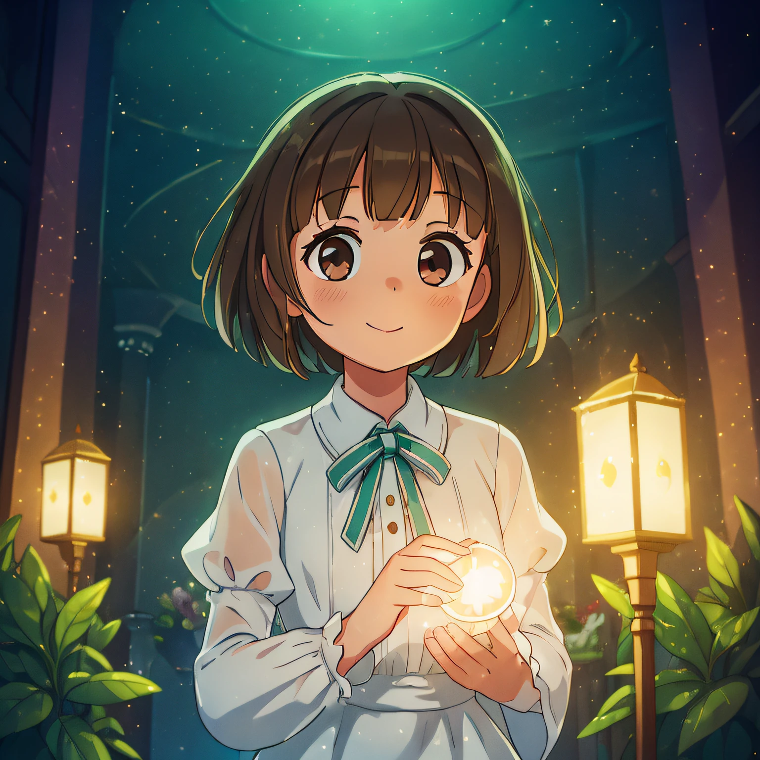 (best quality, high quality:1.3), CG, dramatic lighting, highly detailed, Bokeh, -yeld gh girl named elize, translucent, wearing a long white dress, kind gaze and a slight smile on her face, hair short brown hairs, palms together, thanking, happy and bright, with bright light around her body, in hall of haunted mansion