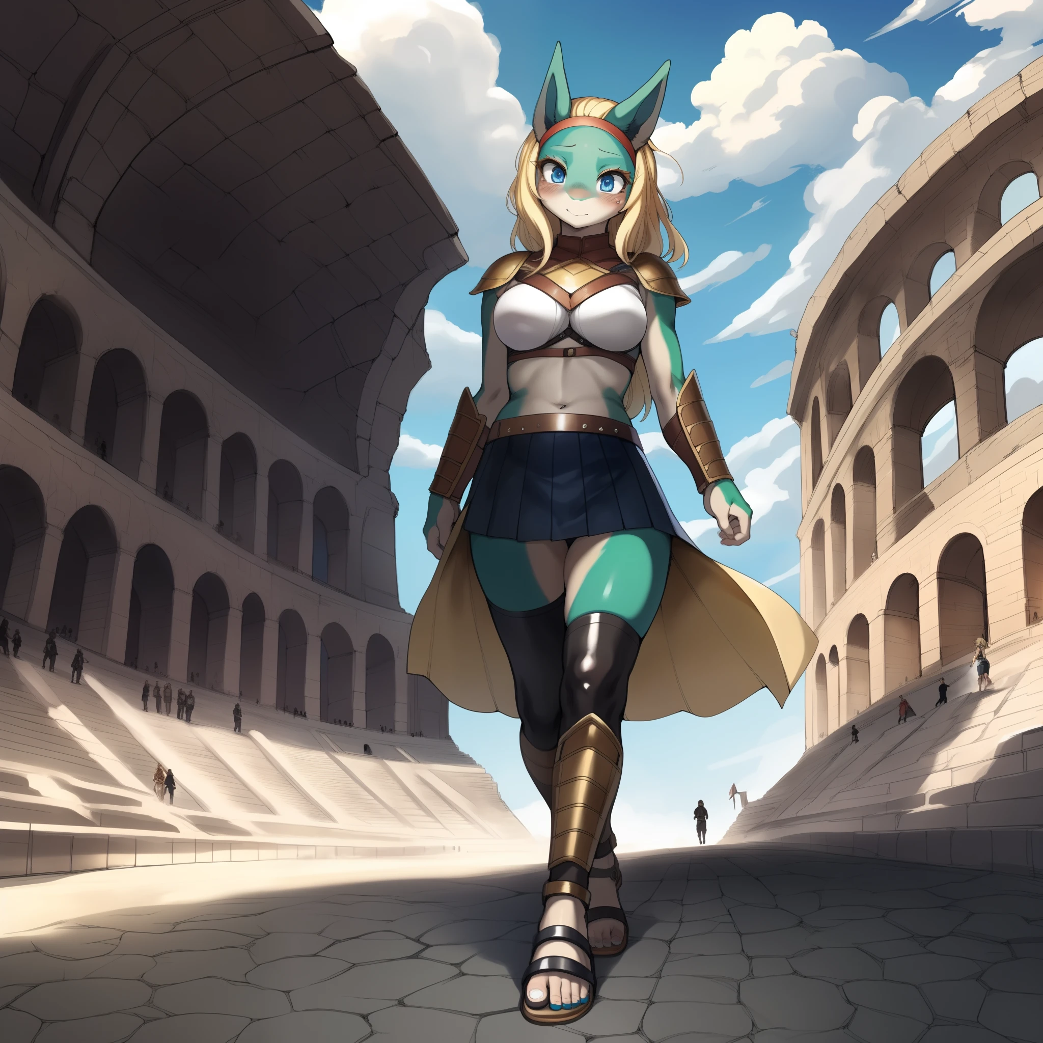 Ippan_josei, by gudlmok99, by sleepiness18, full body shot, walking in a Roman colosseum, neutral expression, (wearing leather gladiator armor, gladiator skirt), blonde hair, blue eyes, clearly drawn eyes, good anatomy, gladiator sandals, high resolution, high quality, female focus, solo, sharp focus, 5 toes on feet,