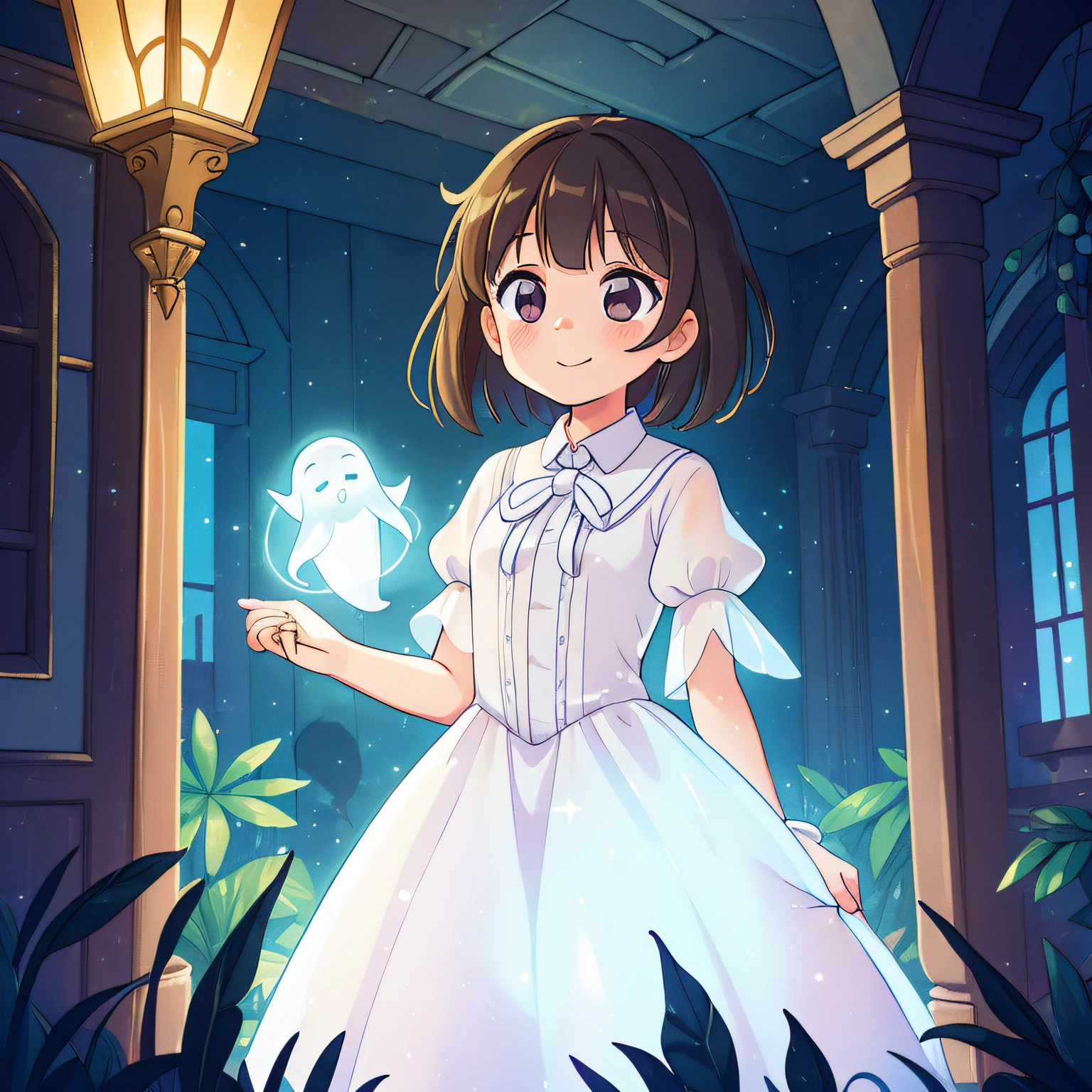 (best quality, high quality:1.3), CG, dramatic lighting, highly detailed, Bokeh, -yeld gh girl named elize, translucent, wearing a long white dress, kind gaze and a slight smile on her face, hair short brown hairs, with palms together, thanking, happy and bright, with an aura of bright light around her body, in the hall of the haunted mansion