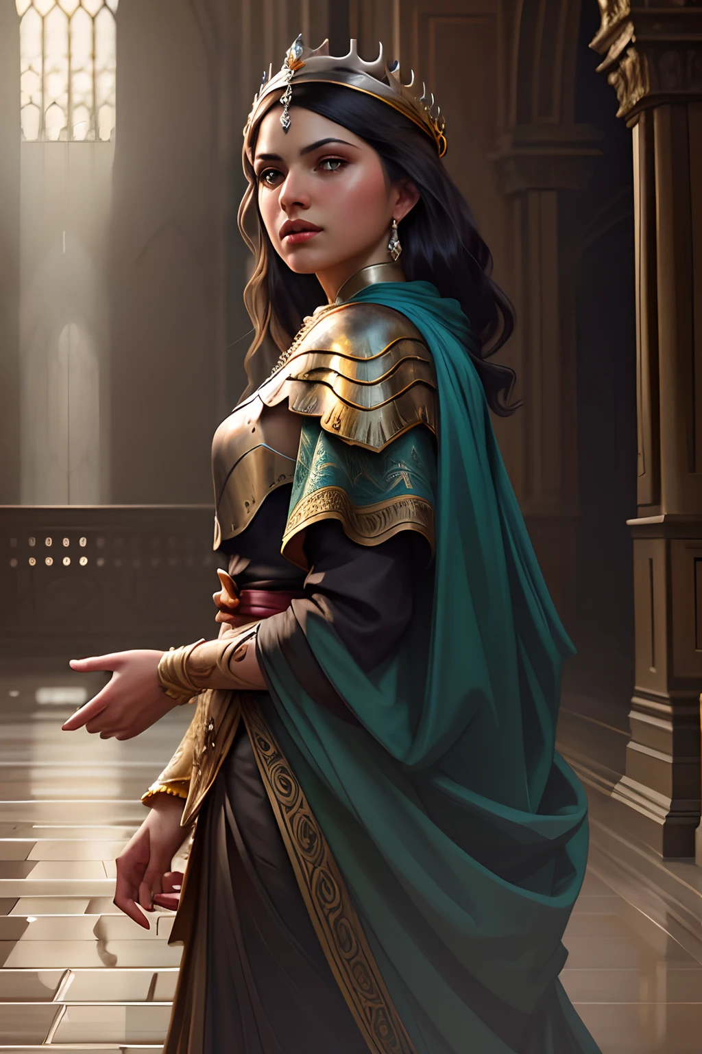 modelshoot style, (extremely detailed CG unity 8k wallpaper), full shot body photo of the most beautiful artwork in the world, medieval queen, green vale, dark skin, black woman, golden crown, diamonds, medieval architecture, professional majestic oil painting by Ed Blinkey, Atey Ghailan, Studio Ghibli, by Jeremy Mann, Greg Manchess, Antonio Moro, trending on ArtStation, trending on CGSociety, Intricate, High Detail, Sharp focus, dramatic, photorealistic painting art by midjourney and greg rutkowski