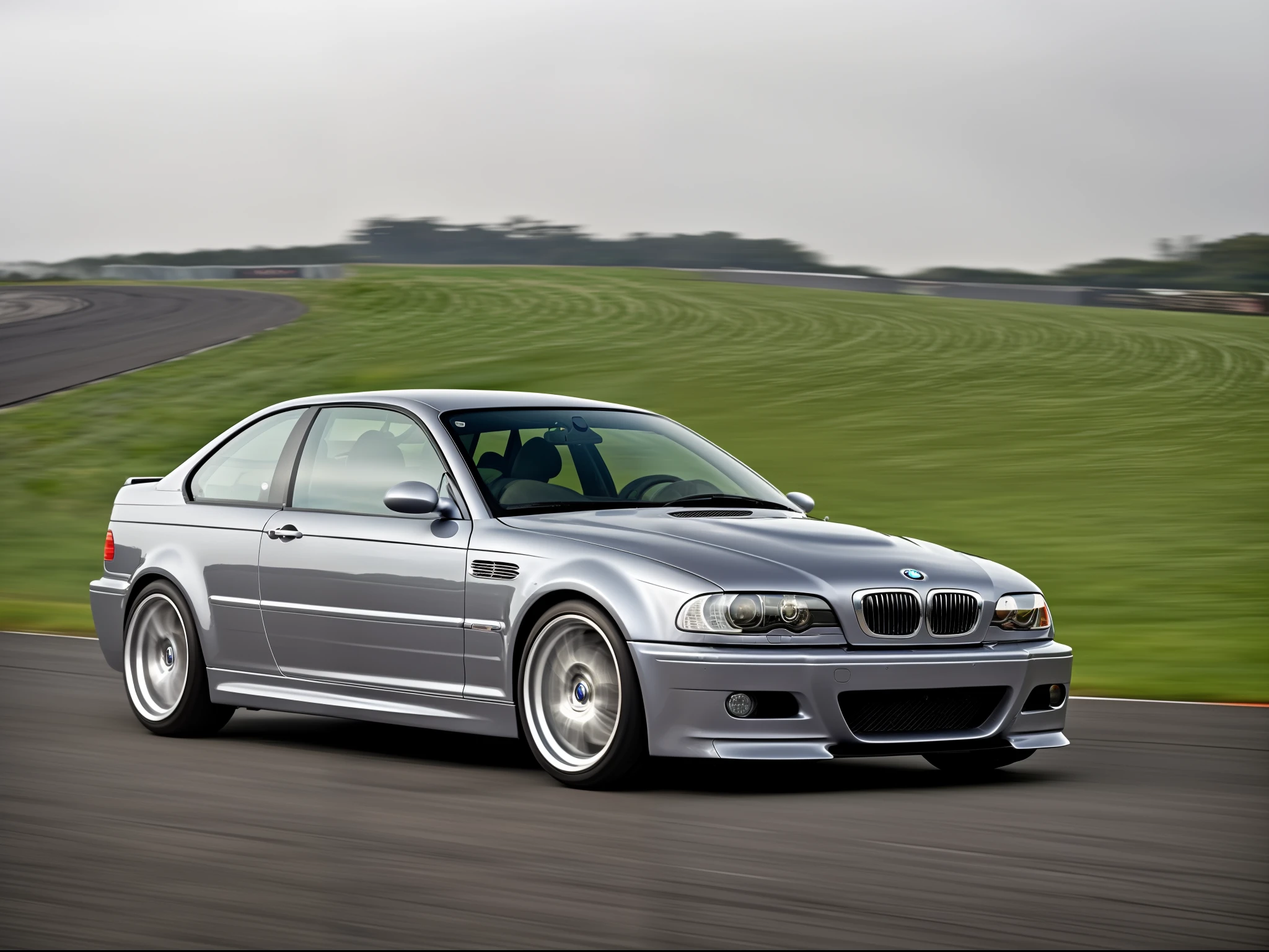 bmw_E46, ((noplate)), ((No license)), (((Drive at high speeds))), ((On the track)), Front left view, High detail, Sharp focus, Photorealism, Realistic, Best quality, Masterpiece, ambient fog:1.2, (((Driving)))