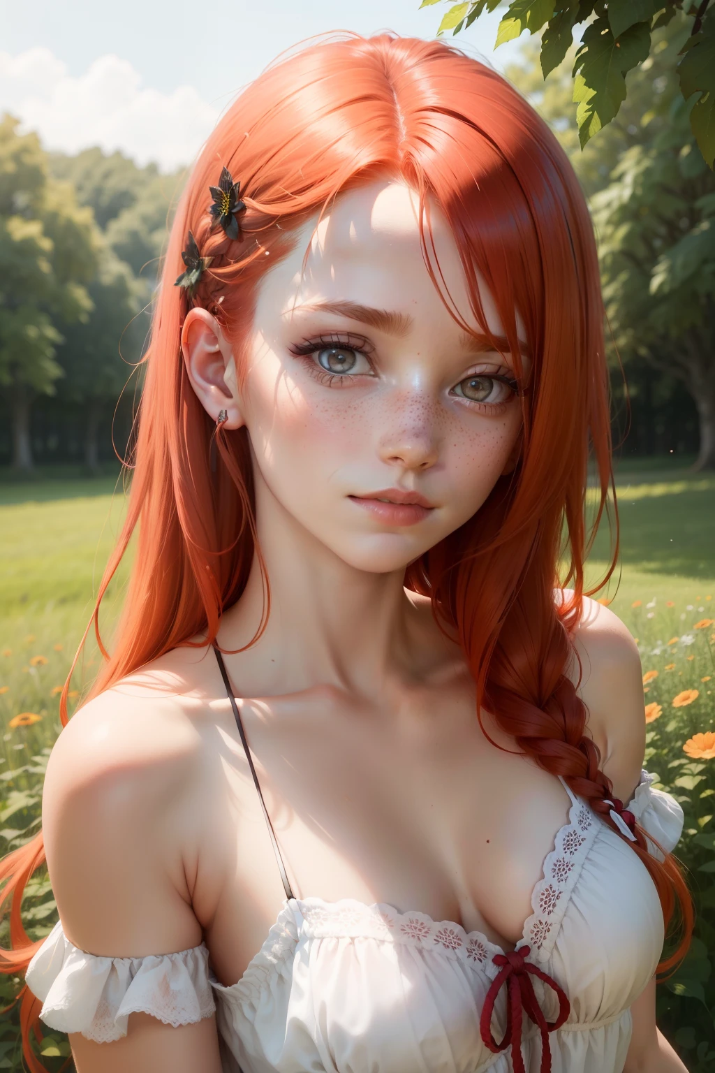 Nahaufnahme einer Frau mit langen roten Haaren und sommersprossigen Haaren, Ingwerhaar mit Sommersprossen, Rote Haare und Sommersprossen, eine rothaarige junge Frau, mit Sommersprossen, sommersprossig, rothaarige junge frau, rothaarige Frau, Sommersprossen, sweet freckles, Portrait of a red-haired girl, Sommersprosse, Sommersprossiges Gesicht, Red hair and attractive facial features, Sie ist rothaarig