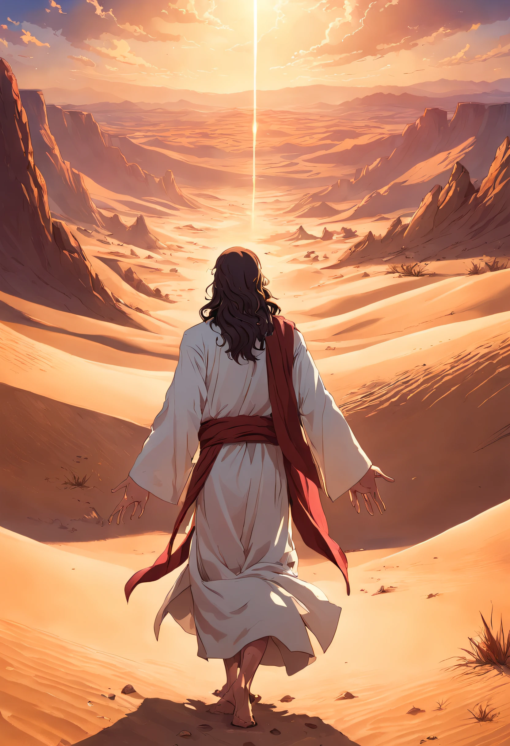 JESUS COVERSANDO COM ANJOS EM UM DESERTO COM MONTANHAS