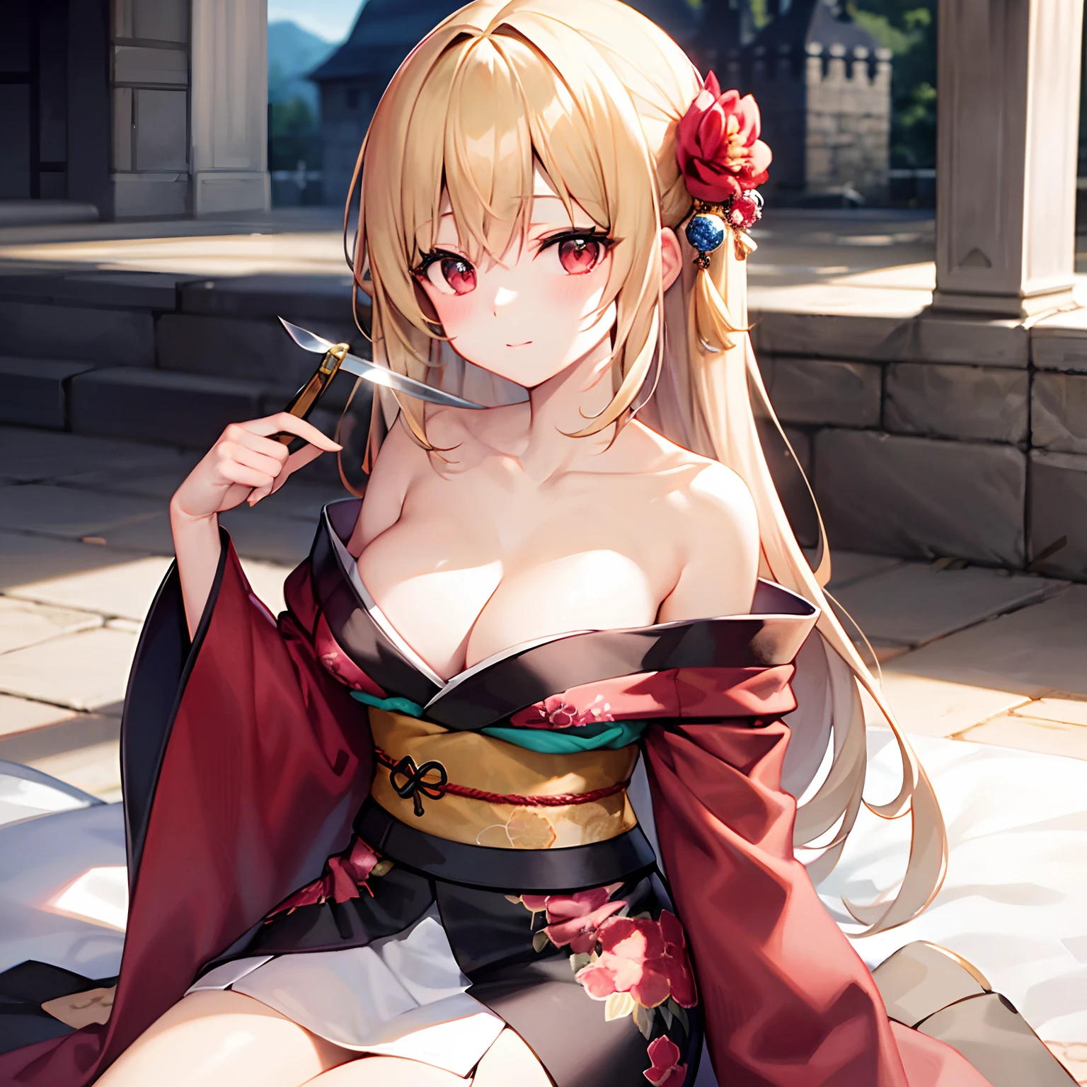 a blond、red eyes、Beautiful girl alone、Floral kimono、Off-shoulder、knifes、Western-style castle