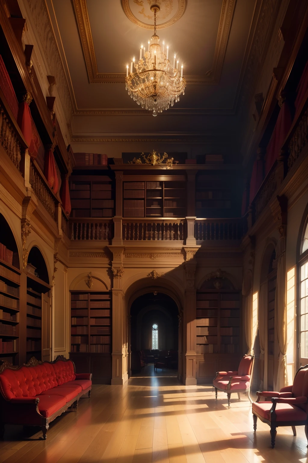 French reading hall of the seventeenth century. Books line the dark wood bookshelves up to the high ceiling, iluminado por lustres de cristal. The atmosphere is cozy, with armchairs and sofas covered in red and gold velvet, dispostos em grupos para uma conversa tranquila