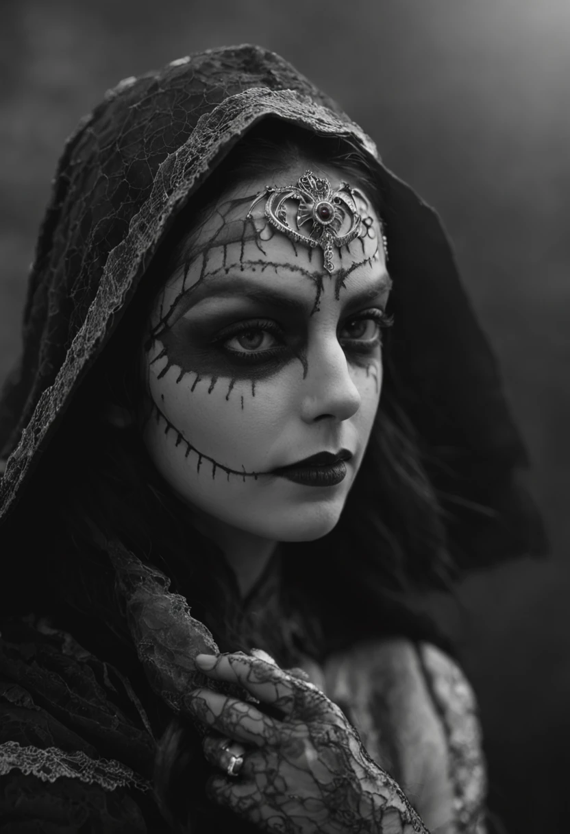 Figura sinistra envolta em sombras. An aura of malice and despair emanates. Icy eyes, serene expression. Enigmatic and evil expression. Dark cloak with hidden symbols. Adorned by ominous inscriptions. Chifres discretos na testa. Evoca poder sombrio. Tempestades tumultuadas ao fundo. Creates environment of impending distress. Duality between attraction and repulsion. Awakens magnetic attraction and chilling revulsion.