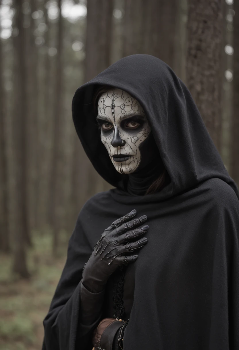 Figura sinistra envolta em sombras. An aura of malice and despair emanates. Icy eyes, serene expression. Enigmatic and evil expression. Dark cloak with hidden symbols. Adorned by ominous inscriptions. Chifres discretos na testa. Evoca poder sombrio. Tempestades tumultuadas ao fundo. Creates environment of impending distress. Duality between attraction and repulsion. Awakens magnetic attraction and chilling revulsion.